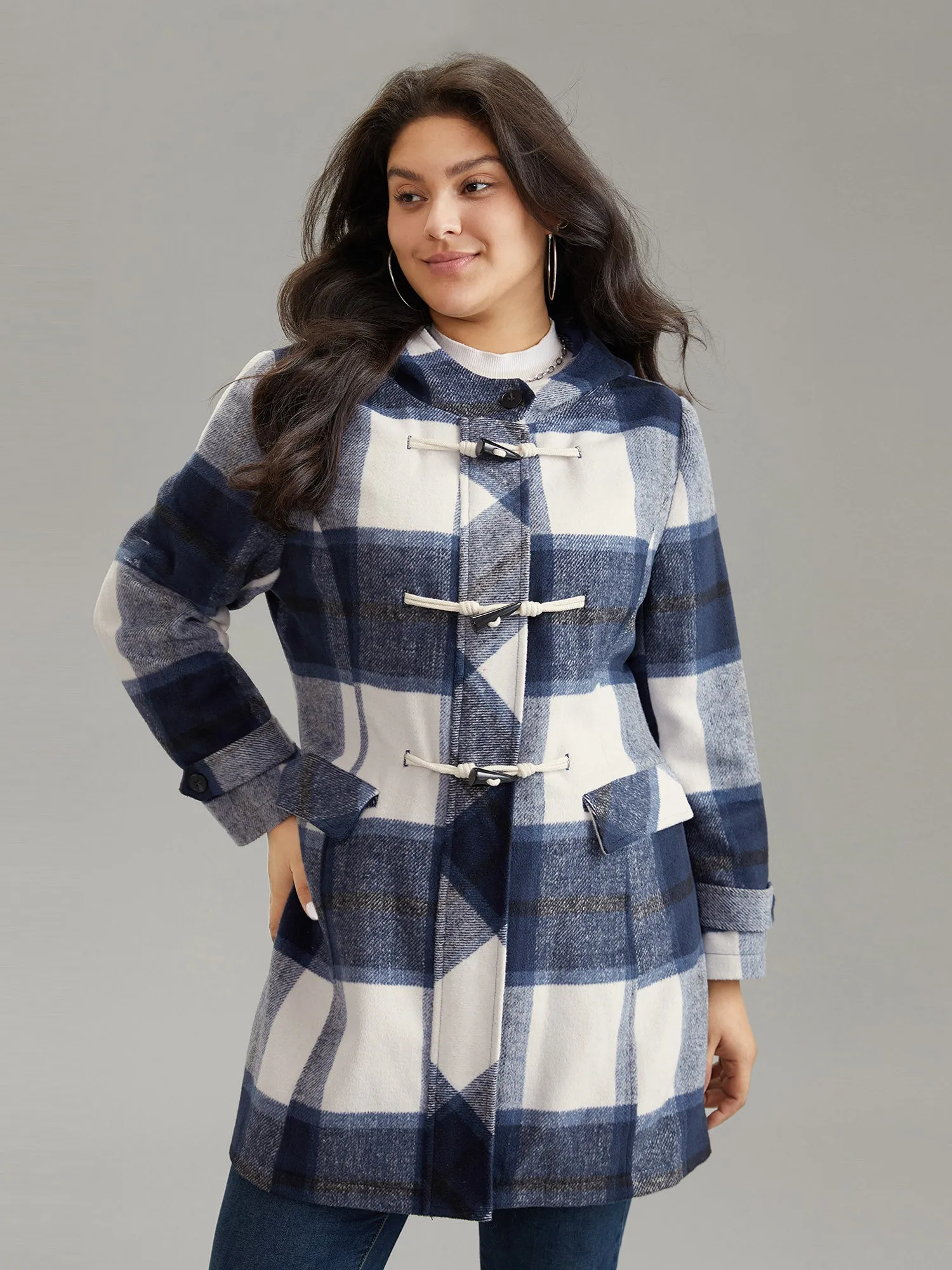 Plaid Hooded Duffle Button Zipper Coat sold by Bloomchic