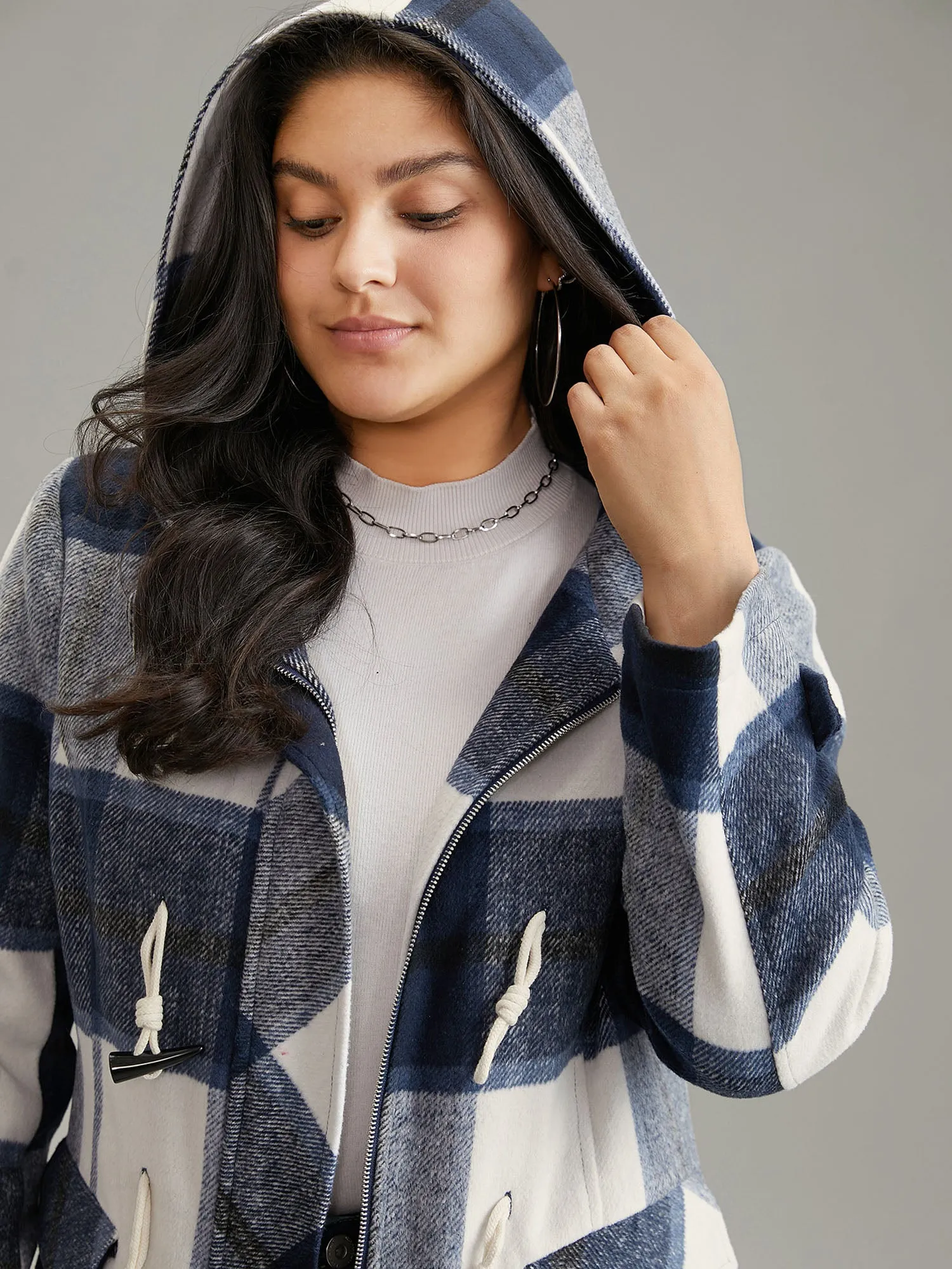 Plaid Hooded Duffle Button Zipper Coat sold by Bloomchic product image thumbnail 5