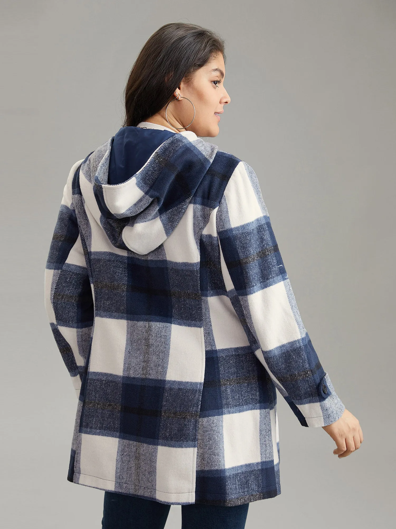 Plaid Hooded Duffle Button Zipper Coat sold by Bloomchic product image thumbnail 2