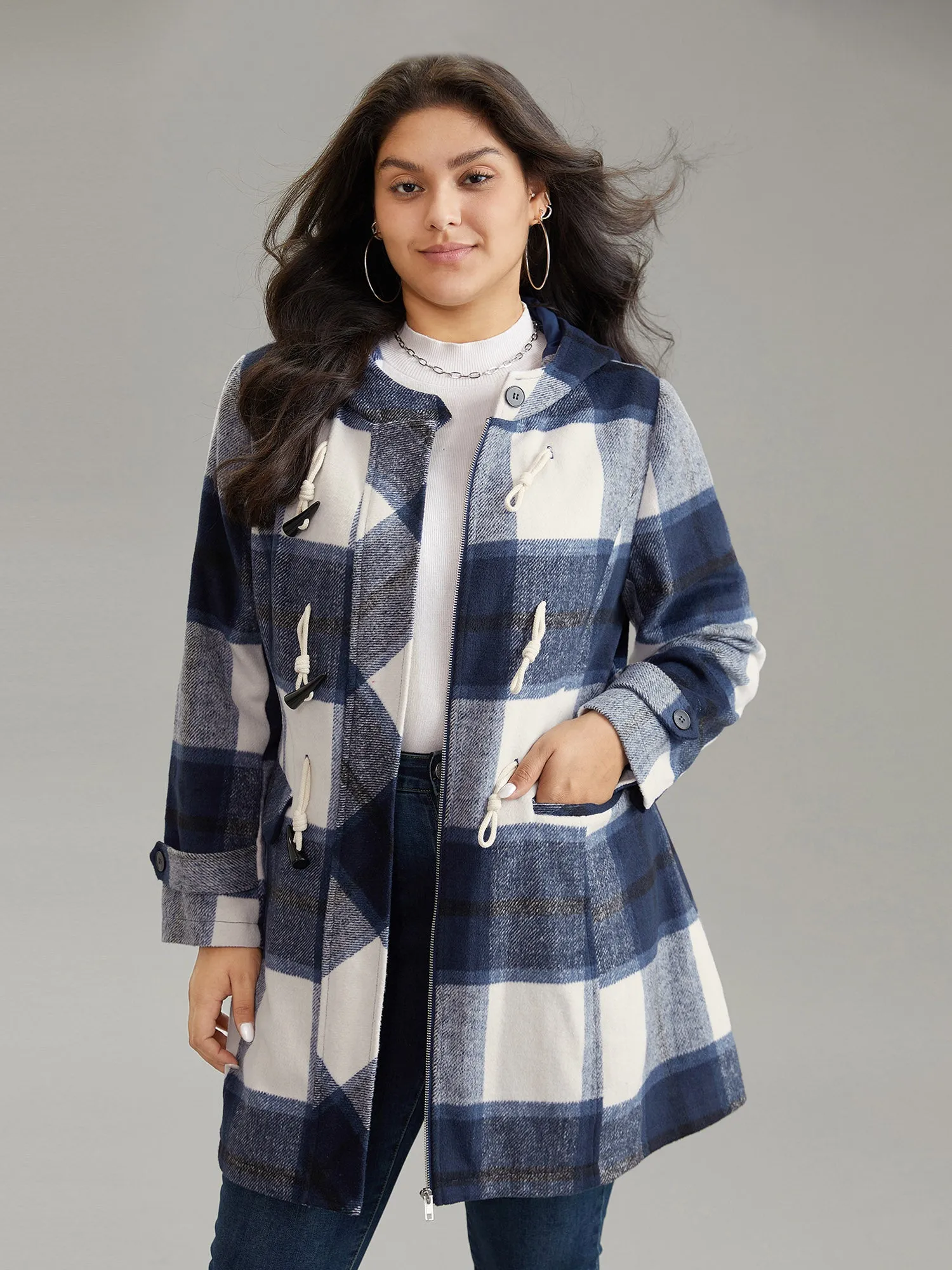 Plaid Hooded Duffle Button Zipper Coat sold by Bloomchic product image thumbnail 3