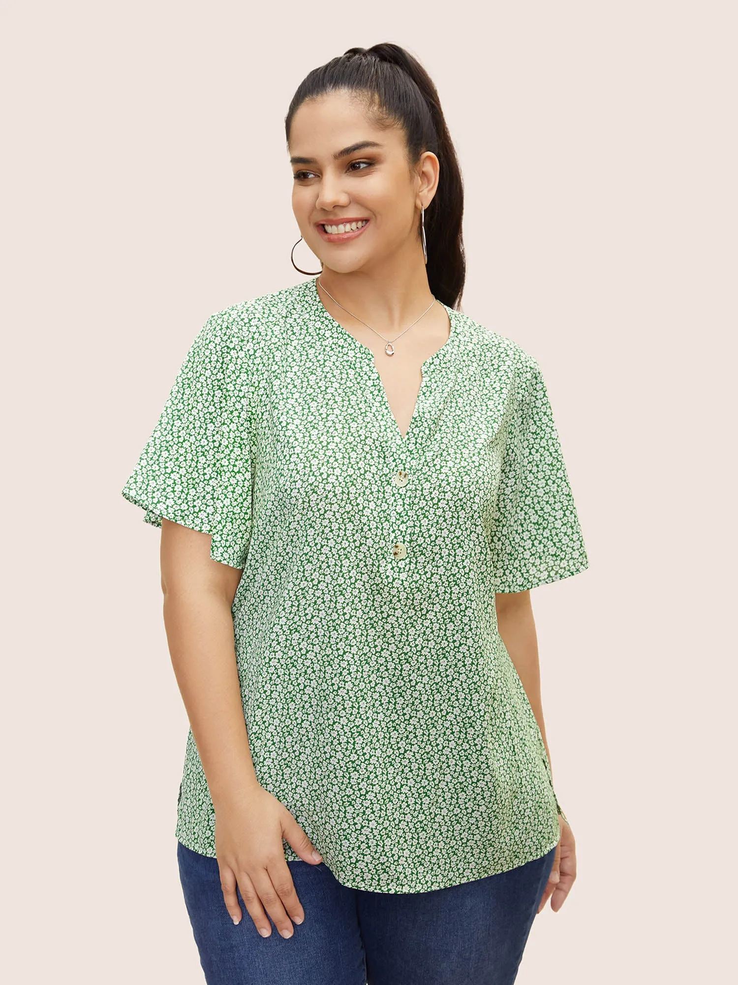 Notched Collar Ditsy Floral Split Hem Blouse sold by Bloomchic