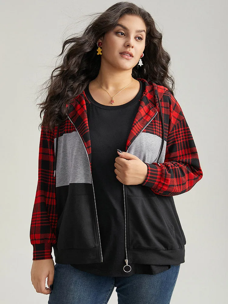 Plaid Contrast Patchwork Drawstring Zipper Jacket sold by Bloomchic product image thumbnail 3