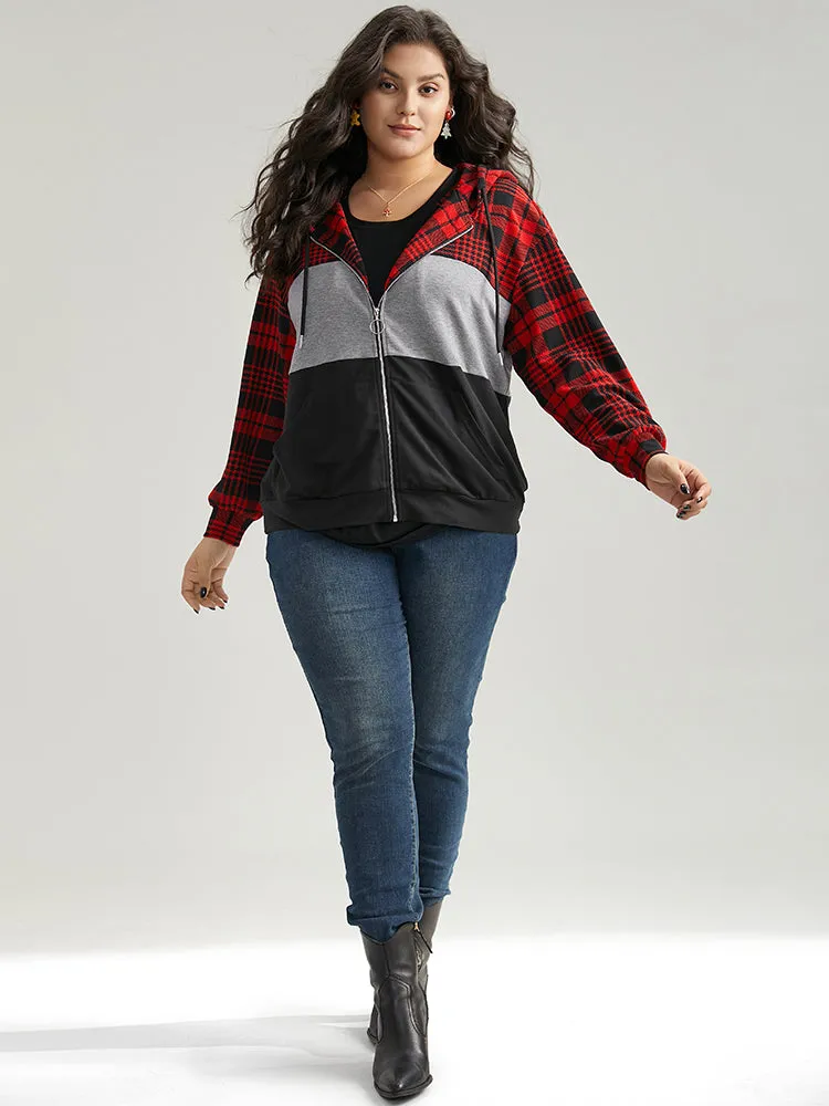 Plaid Contrast Patchwork Drawstring Zipper Jacket sold by Bloomchic product image thumbnail 4
