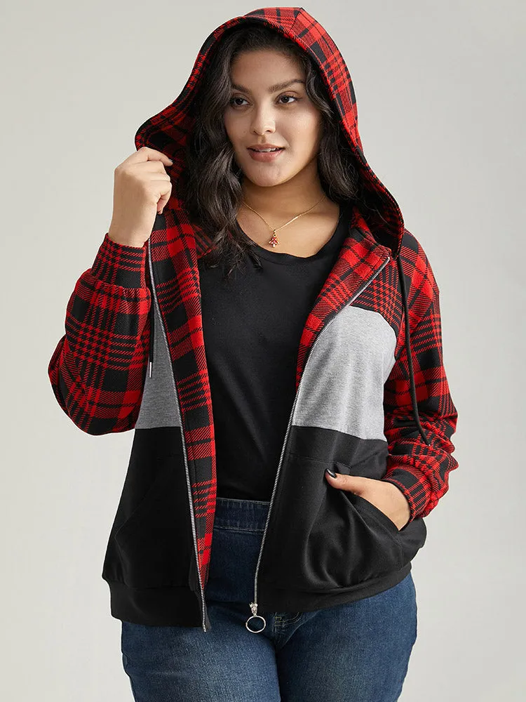 Plaid Contrast Patchwork Drawstring Zipper Jacket sold by Bloomchic