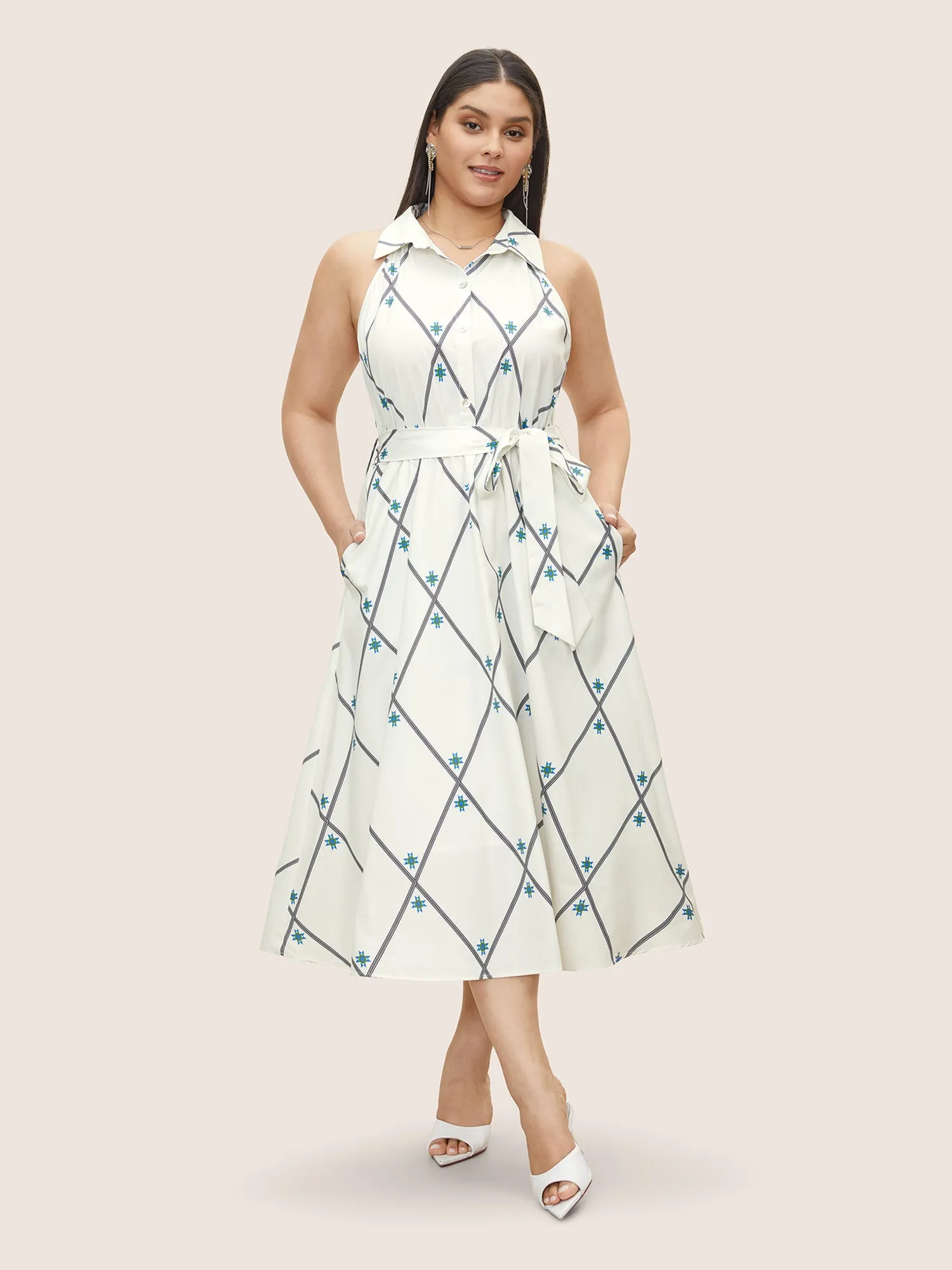 Geometric Pocket Shirt Collar Sleeveless Dress sold by Bloomchic product image thumbnail 2