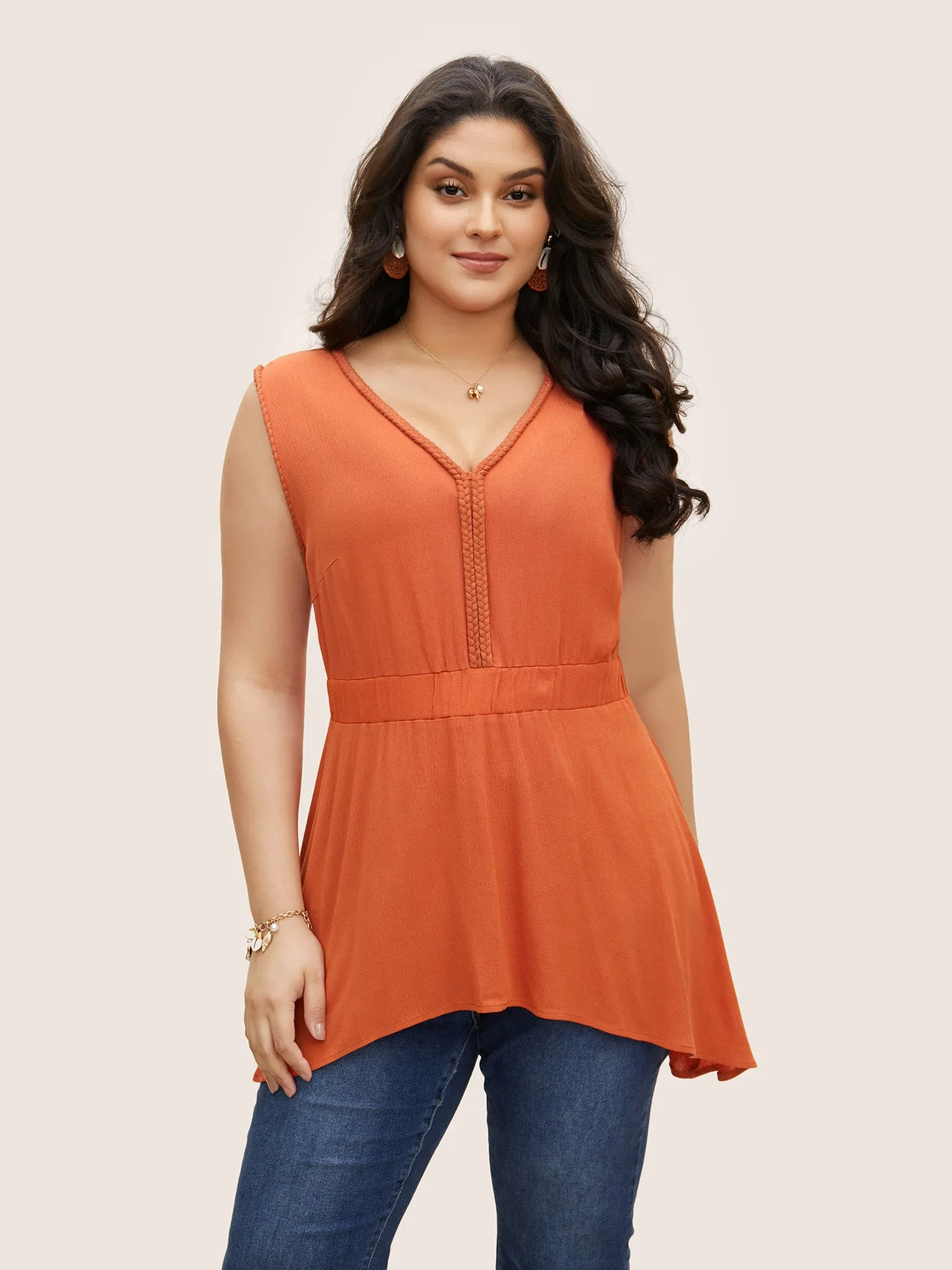 Rayon V Neck Contrast Webbing Tank Top sold by Bloomchic