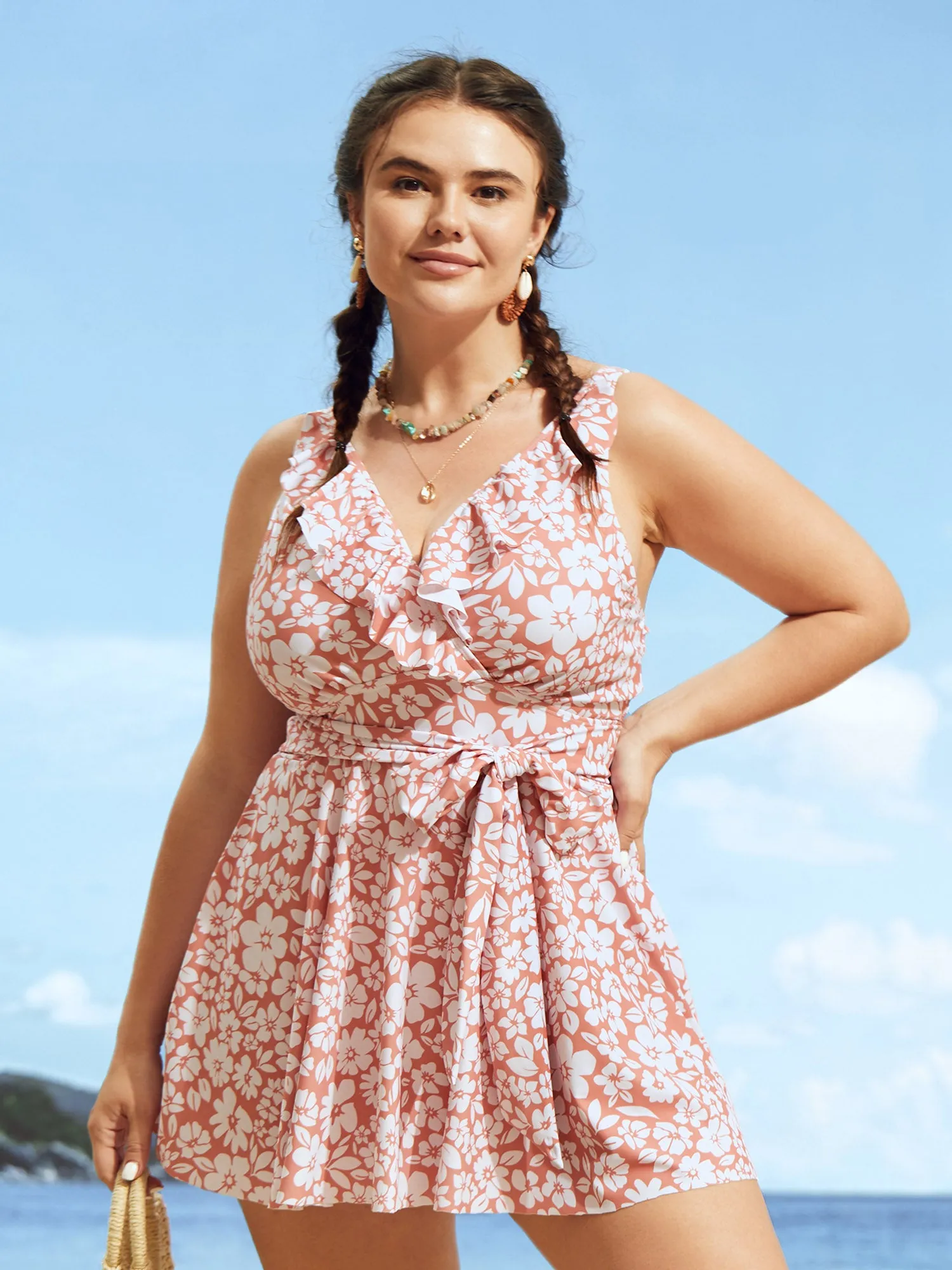 Floral Tie Knot Patchwork Ruffles Swim Dress sold by Bloomchic