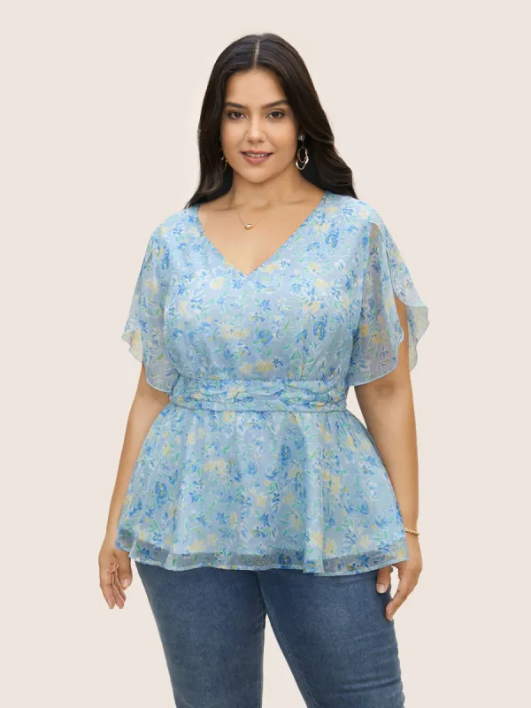 Watercolor Floral Petal Sleeve Ruched Blouse sold by Bloomchic