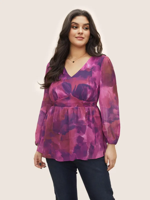 Tie Dye Gathered Lantern Sleeve Blouse sold by Bloomchic