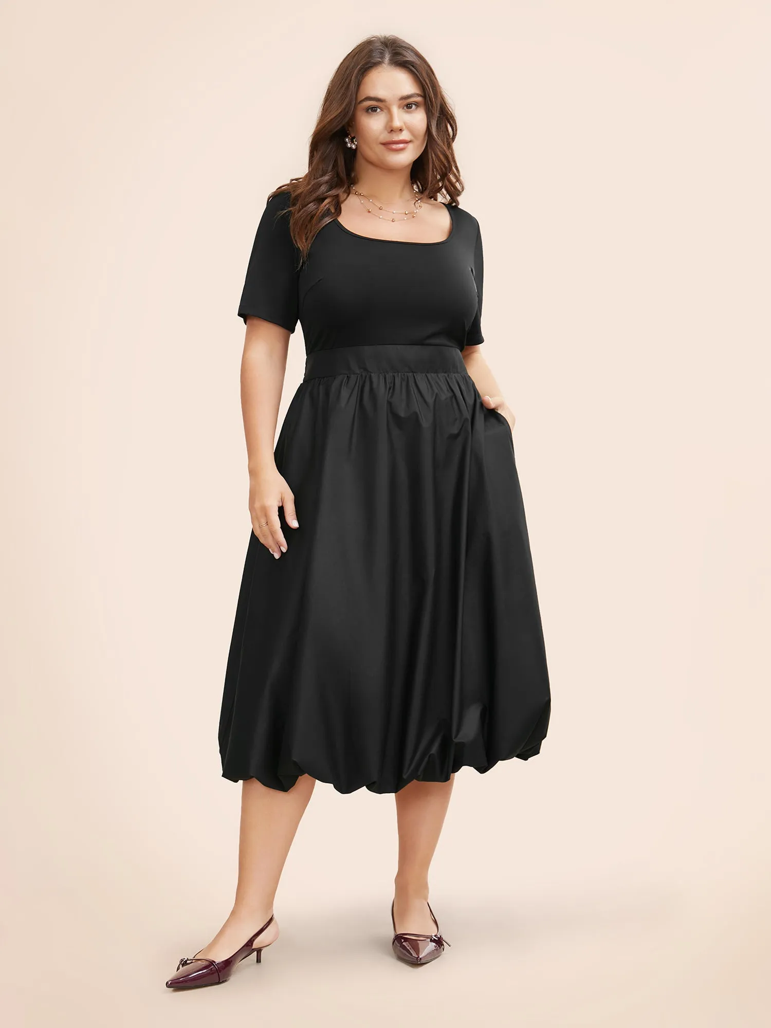 Solid Shirred Bubble Hem Midi Dress sold by Bloomchic