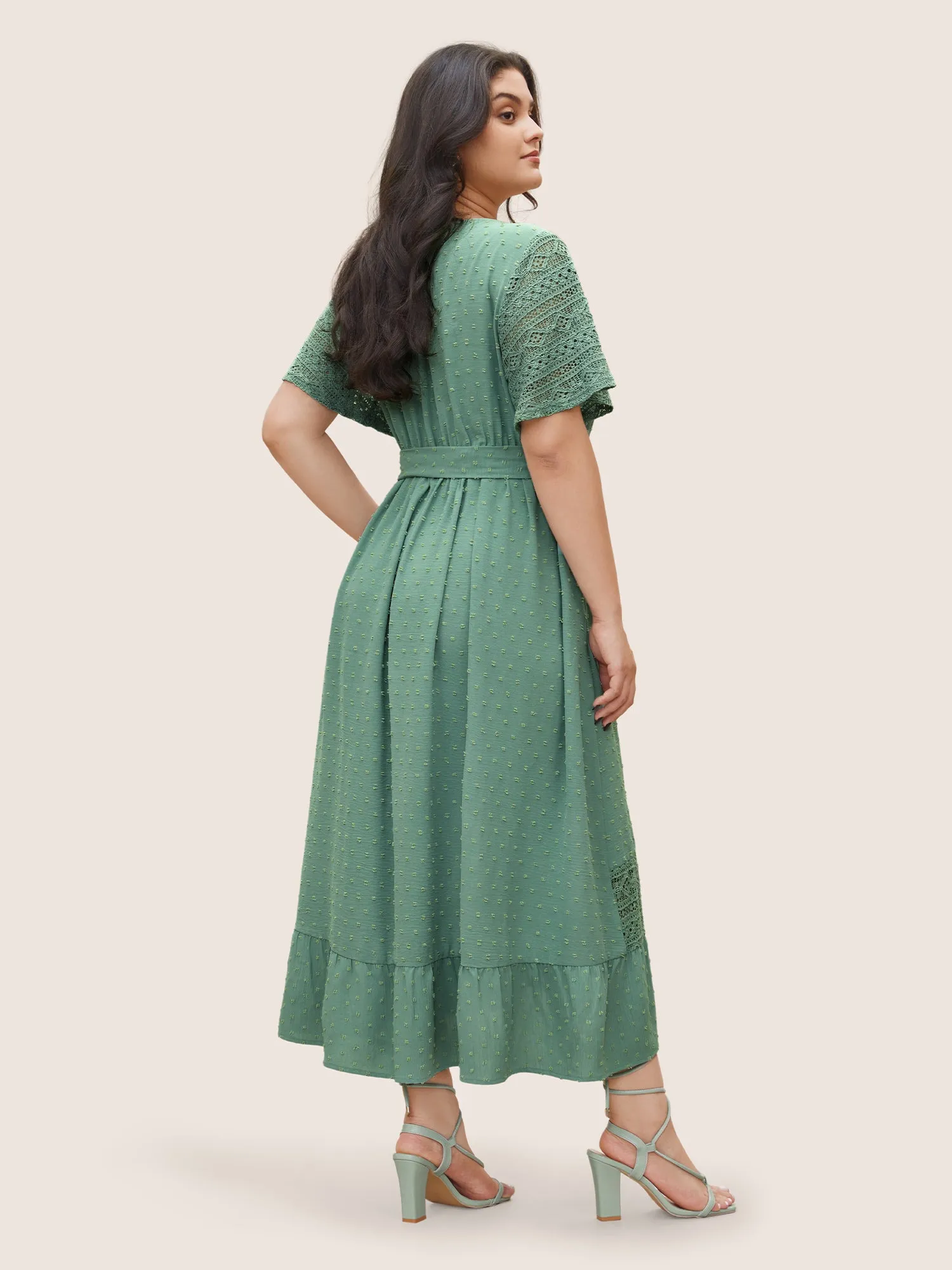 Solid Wrap Pocket Belted Contrast Lace Ruffle Trim Maxi Dress sold by Bloomchic product image thumbnail 3