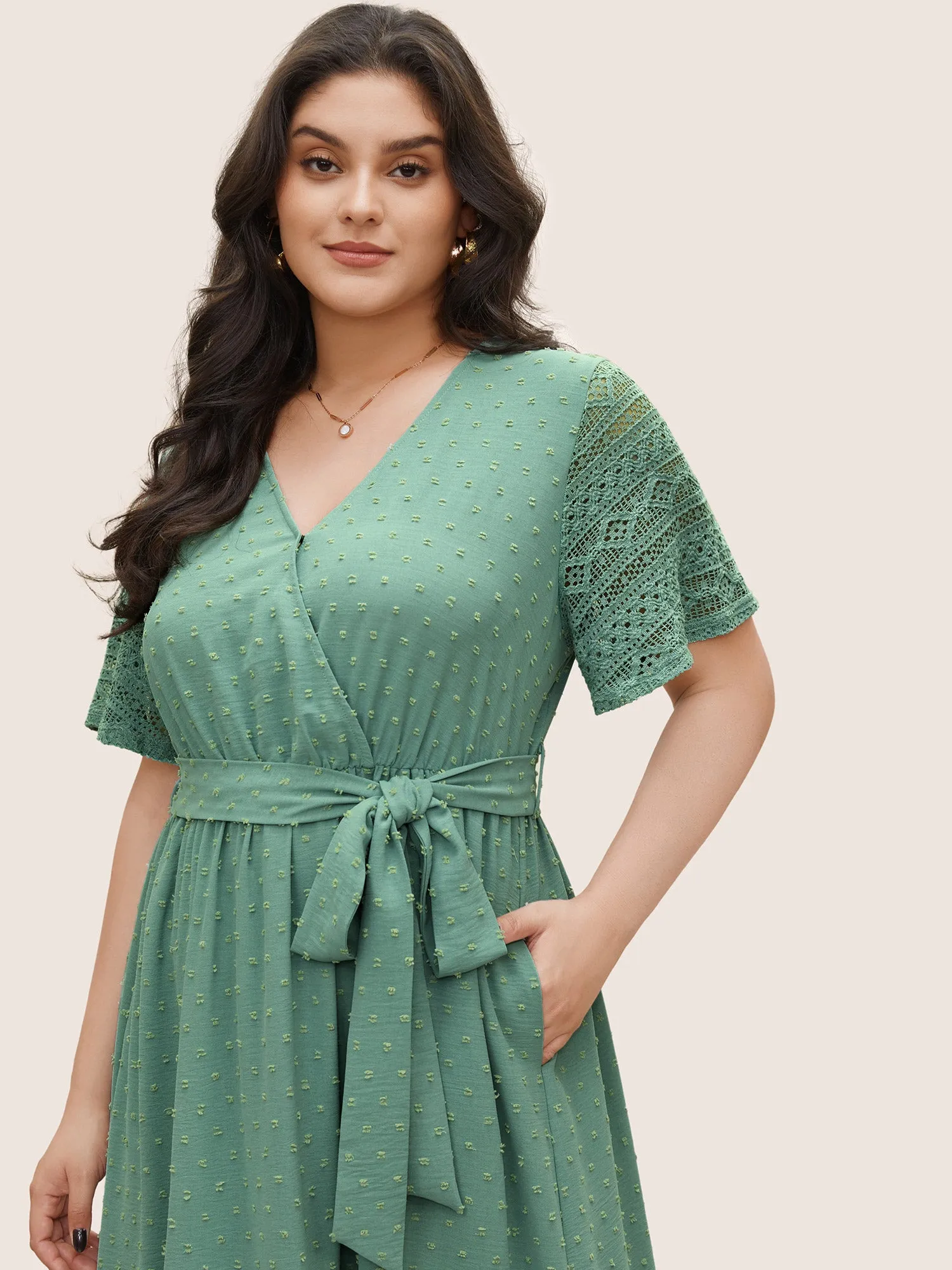 Solid Wrap Pocket Belted Contrast Lace Ruffle Trim Maxi Dress sold by Bloomchic product image thumbnail 4