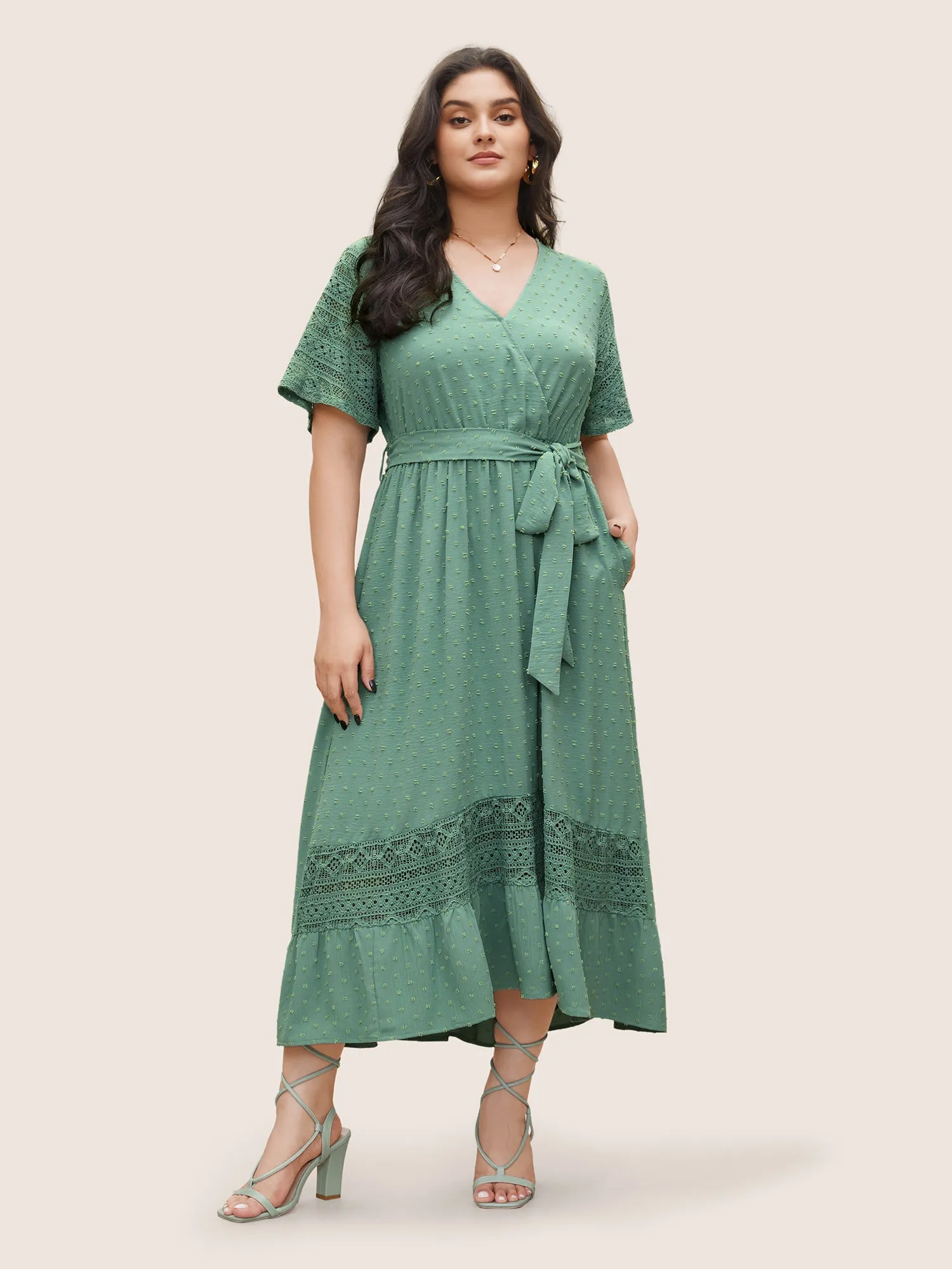 Solid Wrap Pocket Belted Contrast Lace Ruffle Trim Maxi Dress sold by Bloomchic