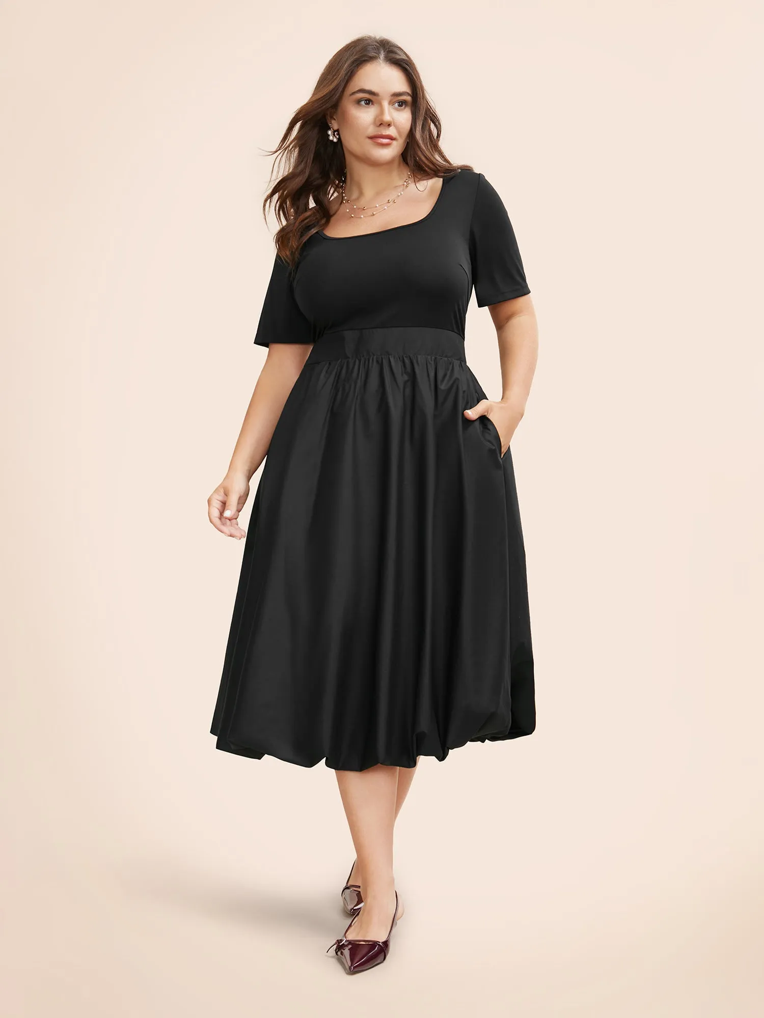 Solid Shirred Bubble Hem Midi Dress sold by Bloomchic product image thumbnail 2