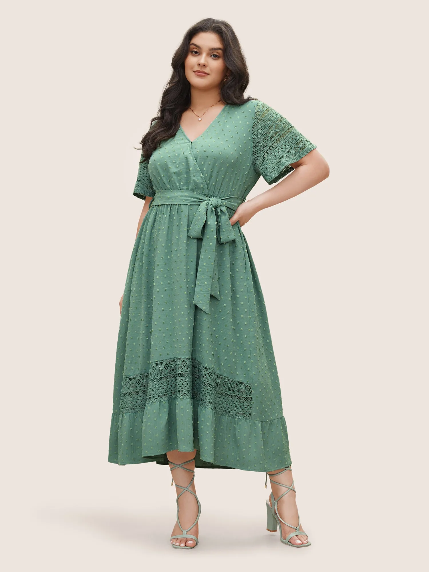 Solid Wrap Pocket Belted Contrast Lace Ruffle Trim Maxi Dress sold by Bloomchic product image thumbnail 2