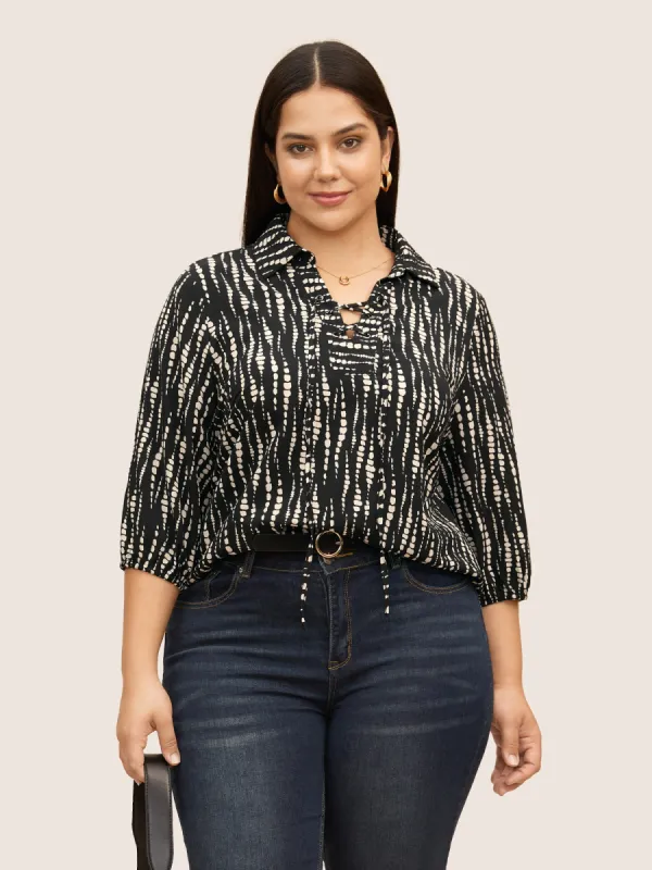 Striped Lace Up Gathered Lantern Sleeve Blouse sold by Bloomchic