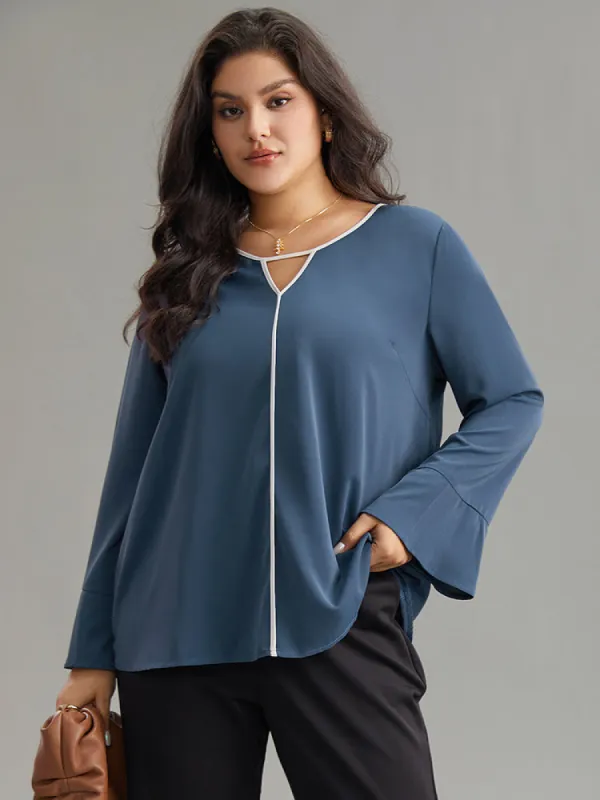 Two Tone Keyhole Bell Sleeve Blouse sold by Bloomchic