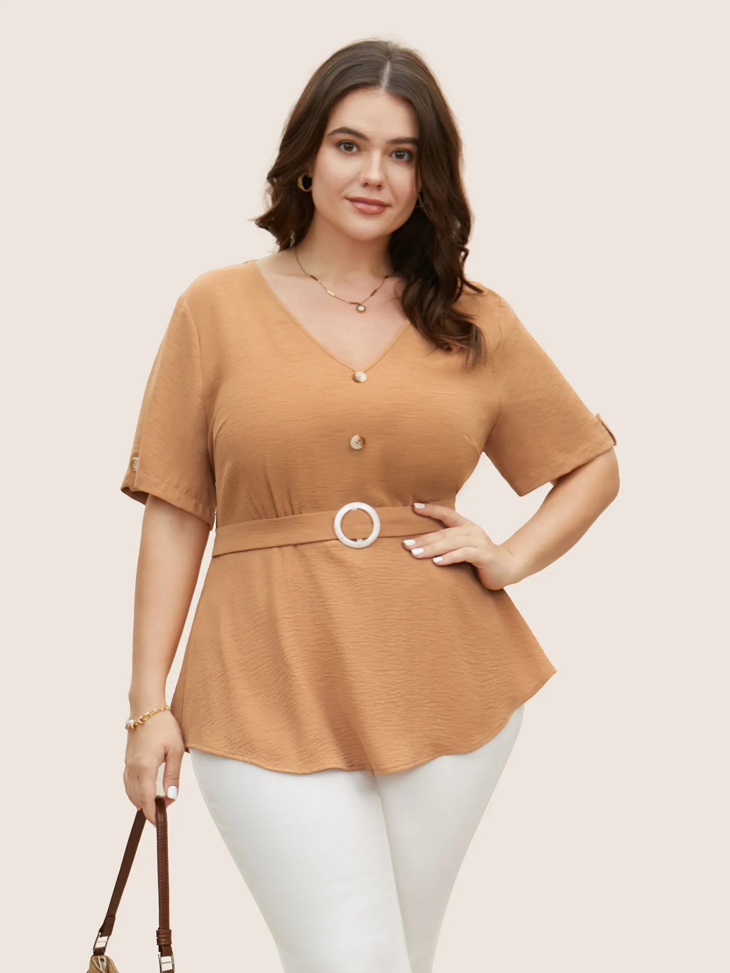 V Neck Buckle Detail Tab Sleeve Blouse sold by Bloomchic