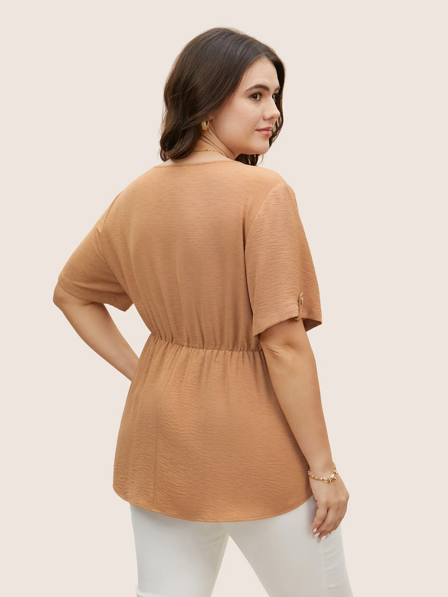 V Neck Buckle Detail Tab Sleeve Blouse sold by Bloomchic product image thumbnail 4