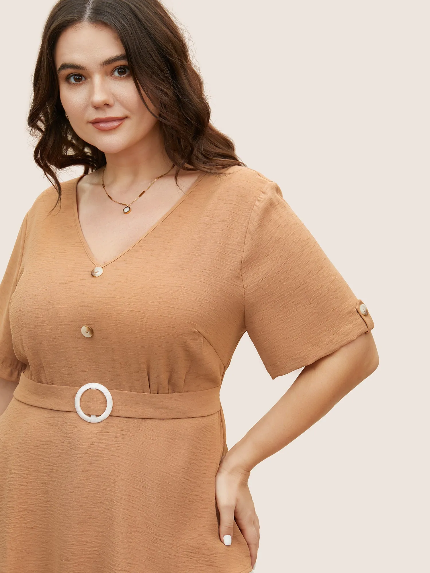 V Neck Buckle Detail Tab Sleeve Blouse sold by Bloomchic product image thumbnail 3