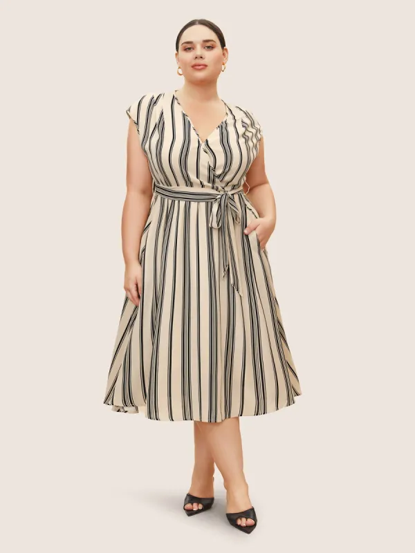 Surplice Neck Striped Cap Sleeve Dress sold by Bloomchic