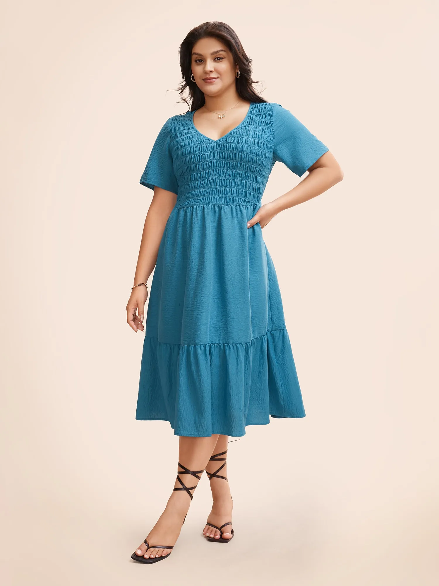 Solid Shirred Ruffle Hem Midi Dress sold by Bloomchic product image thumbnail 2