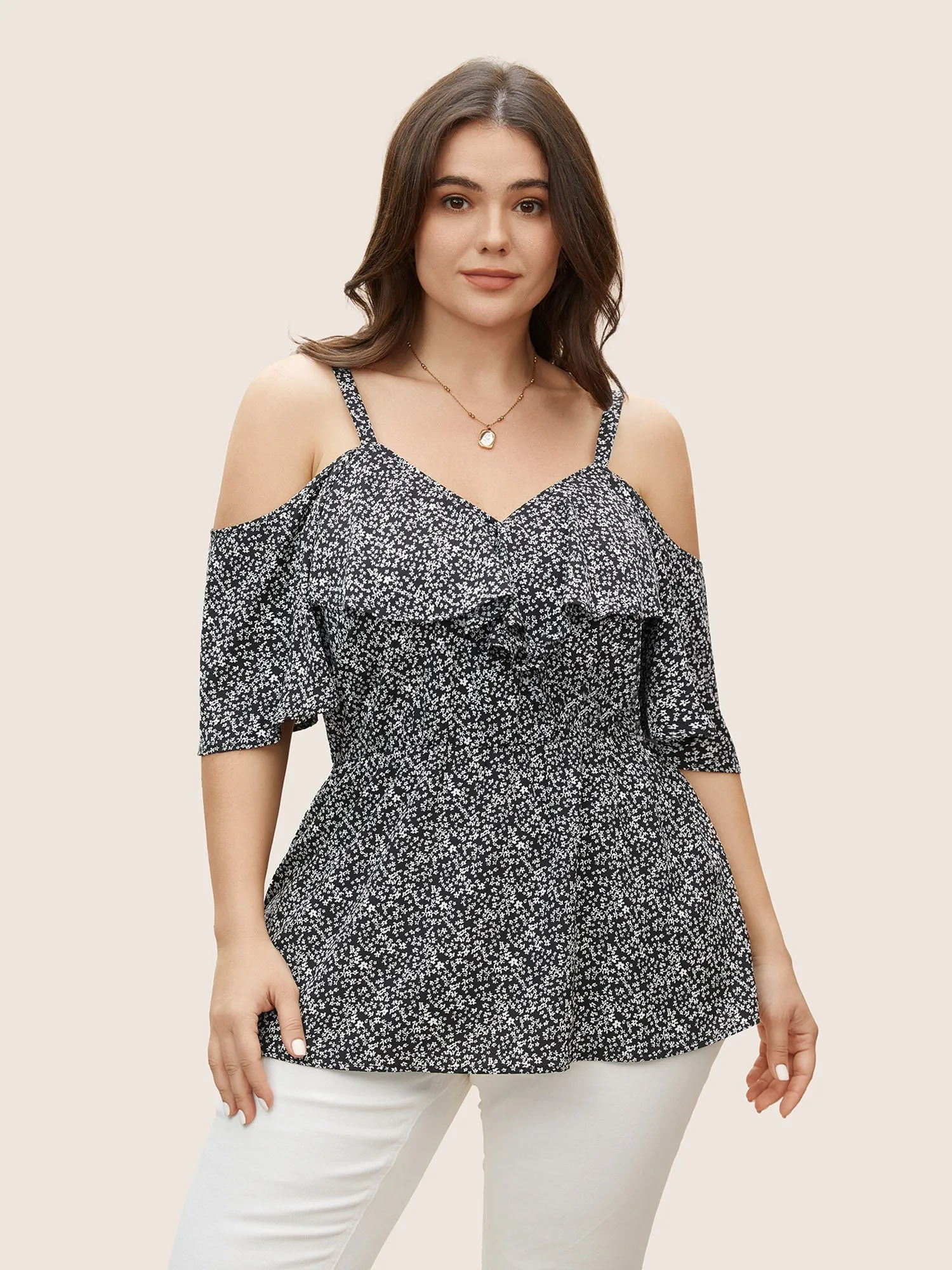 Ditsy Floral Cold Shoulder Ruffle Trim Blouse sold by Bloomchic product image thumbnail 2