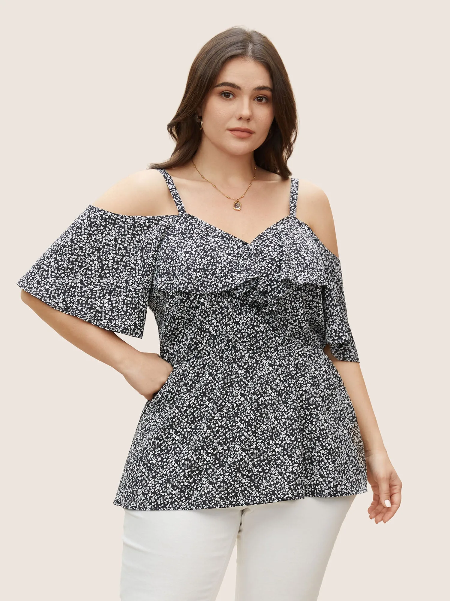 Ditsy Floral Cold Shoulder Ruffle Trim Blouse sold by Bloomchic