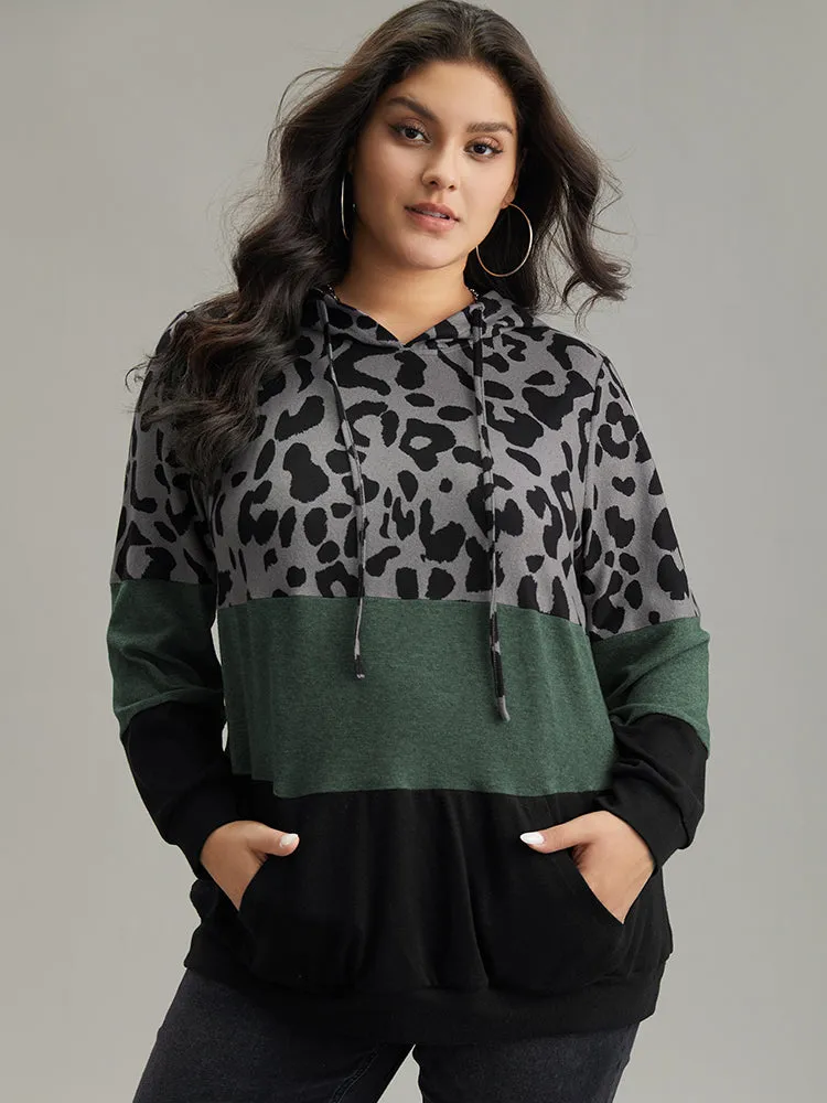 Leopard Colorblock Contrast Hooded Drawstring Sweatshirt sold by Bloomchic