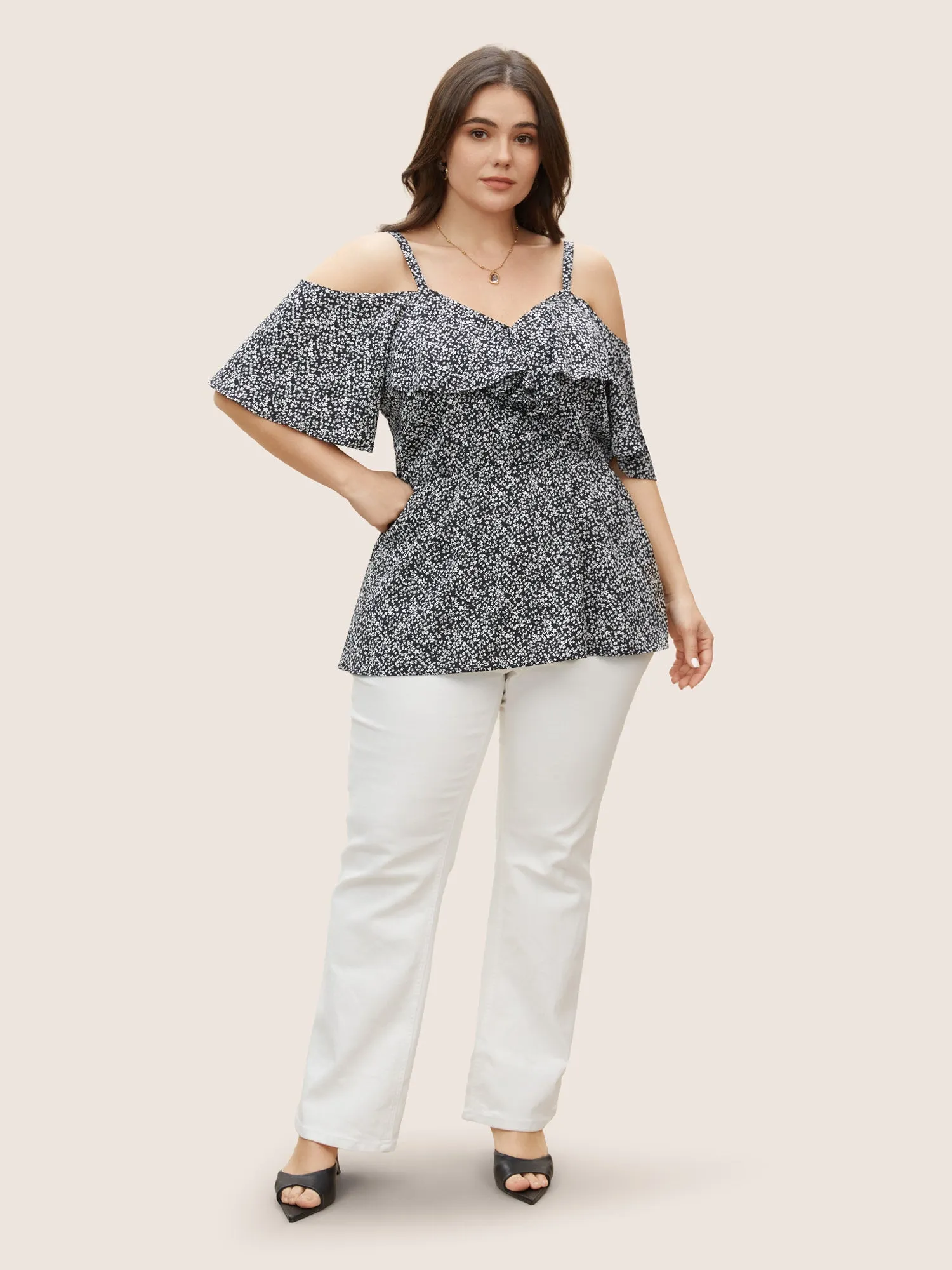 Ditsy Floral Cold Shoulder Ruffle Trim Blouse sold by Bloomchic product image thumbnail 3