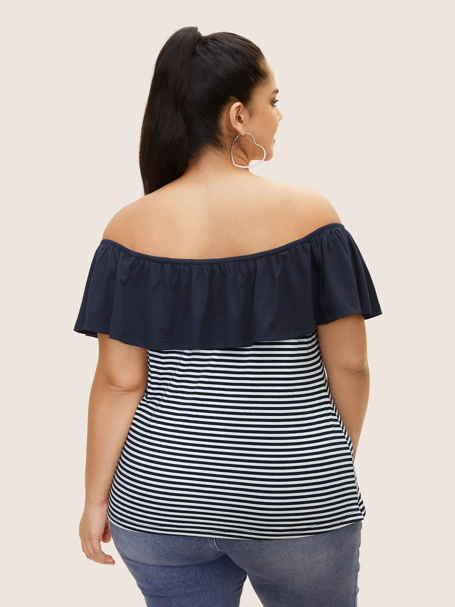 Off Shoulder Striped Patchwork Ruffles T-shirt sold by Bloomchic product image thumbnail 2