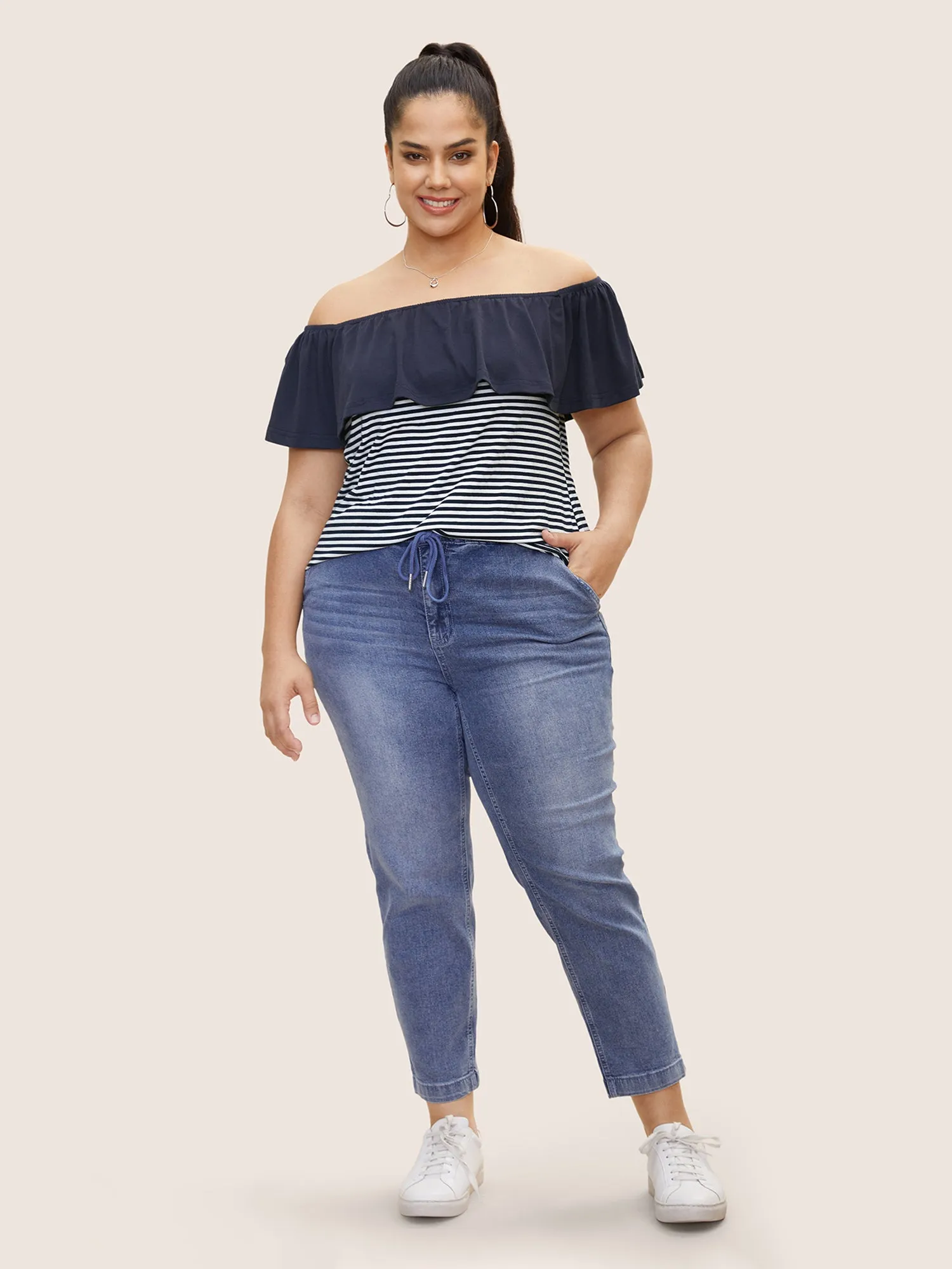 Off Shoulder Striped Patchwork Ruffles T-shirt sold by Bloomchic product image thumbnail 3