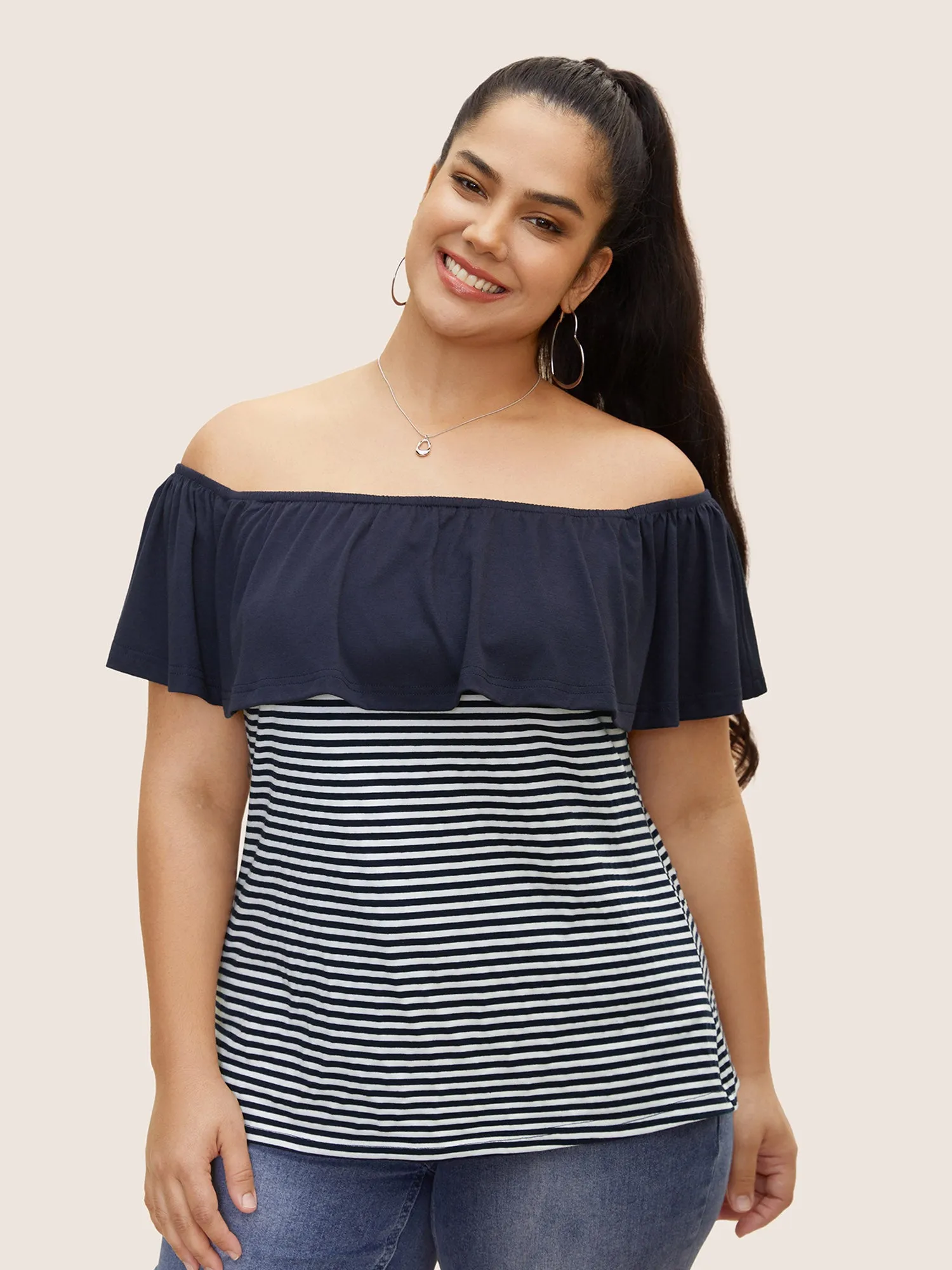Off Shoulder Striped Patchwork Ruffles T-shirt sold by Bloomchic
