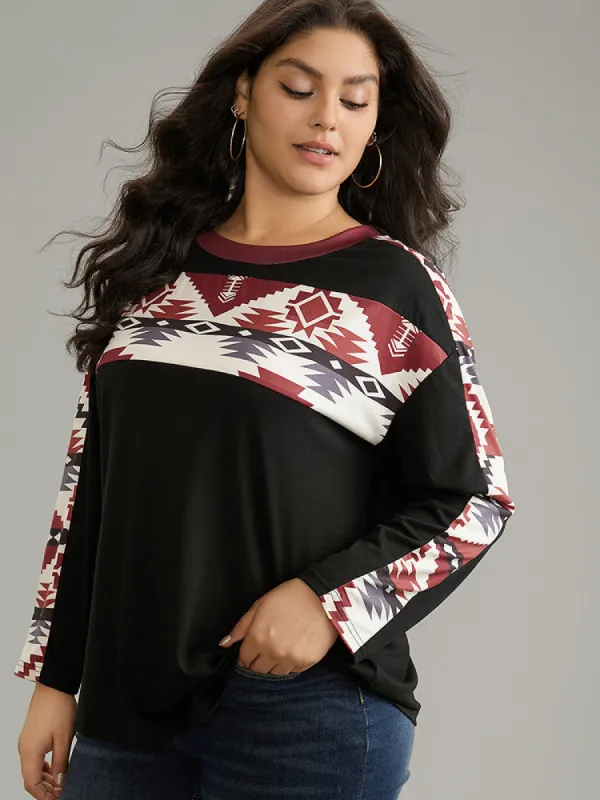 Geometric Patchwork Contrast Round Neck T-shirt sold by Bloomchic