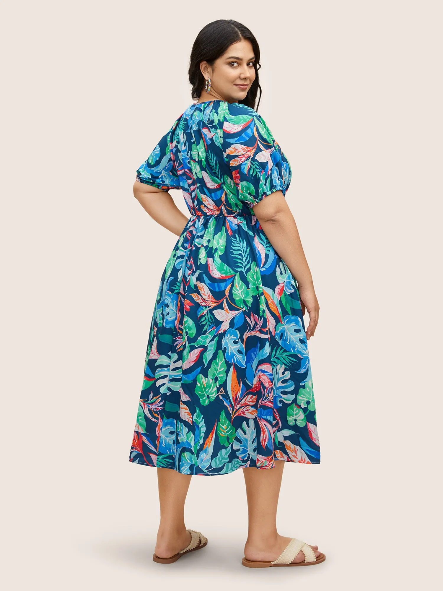 Tropical Leaves V Neck Lantern Sleeve Dress sold by Bloomchic product image thumbnail 4