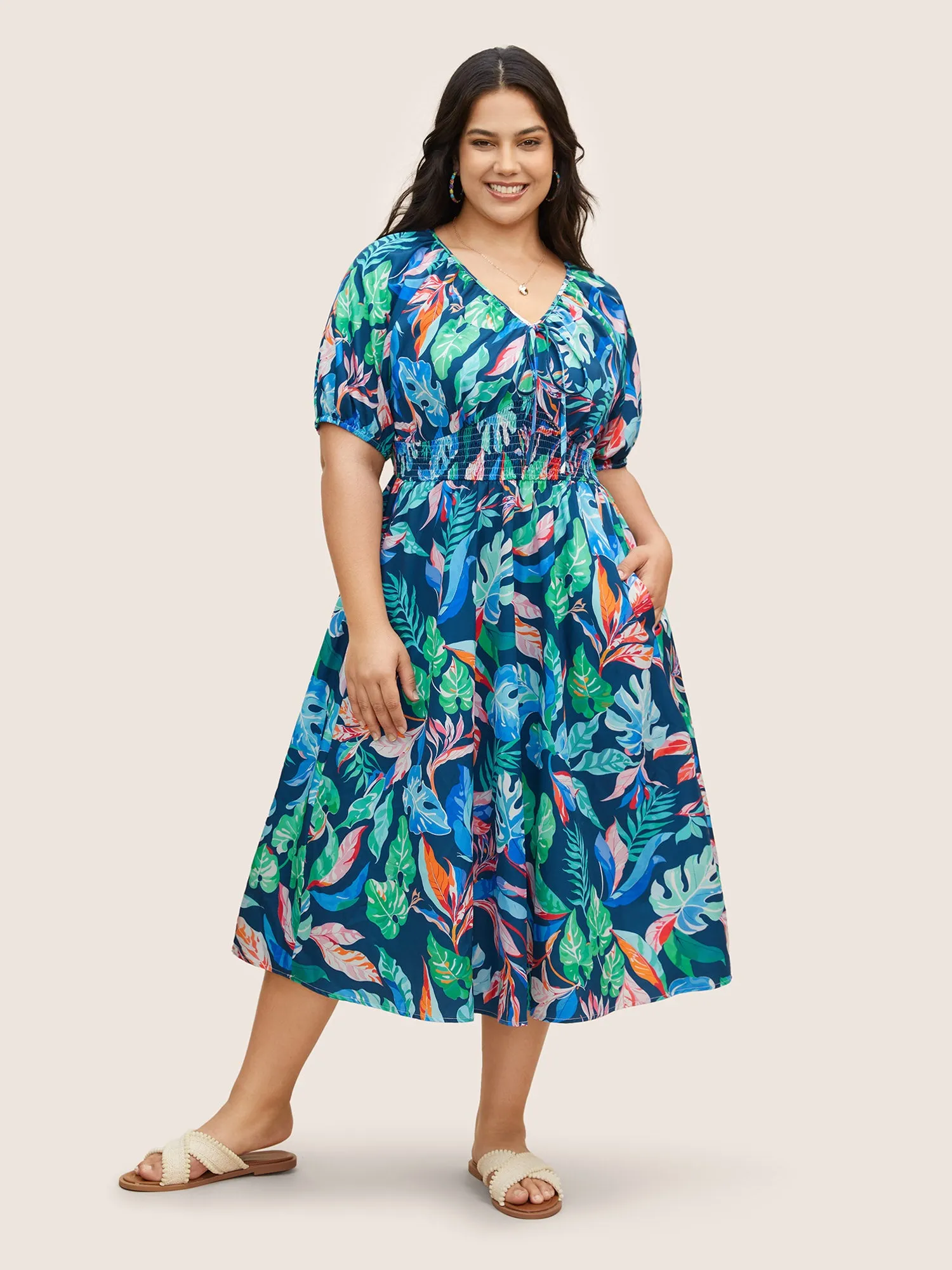 Tropical Leaves V Neck Lantern Sleeve Dress sold by Bloomchic