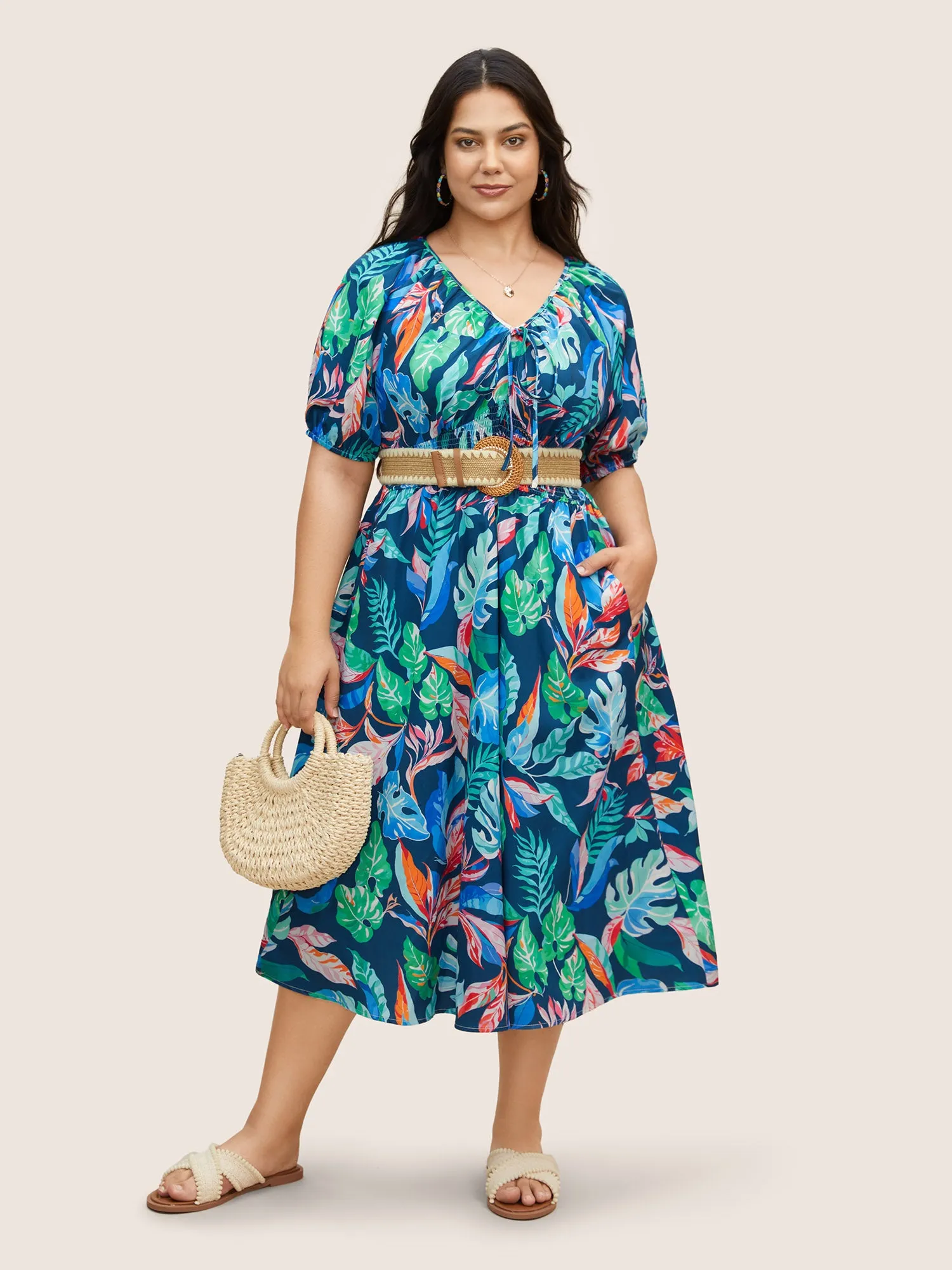 Tropical Leaves V Neck Lantern Sleeve Dress sold by Bloomchic product image thumbnail 3
