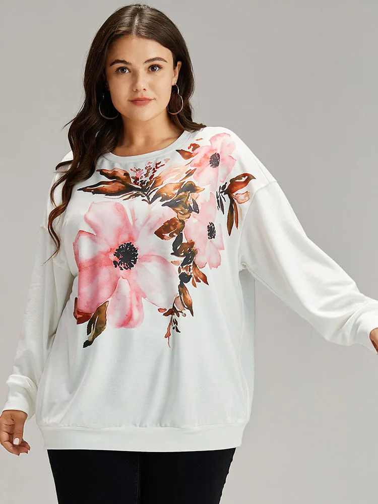 Floral Round Neck Elastic Cuffs Sweatshirt sold by Bloomchic