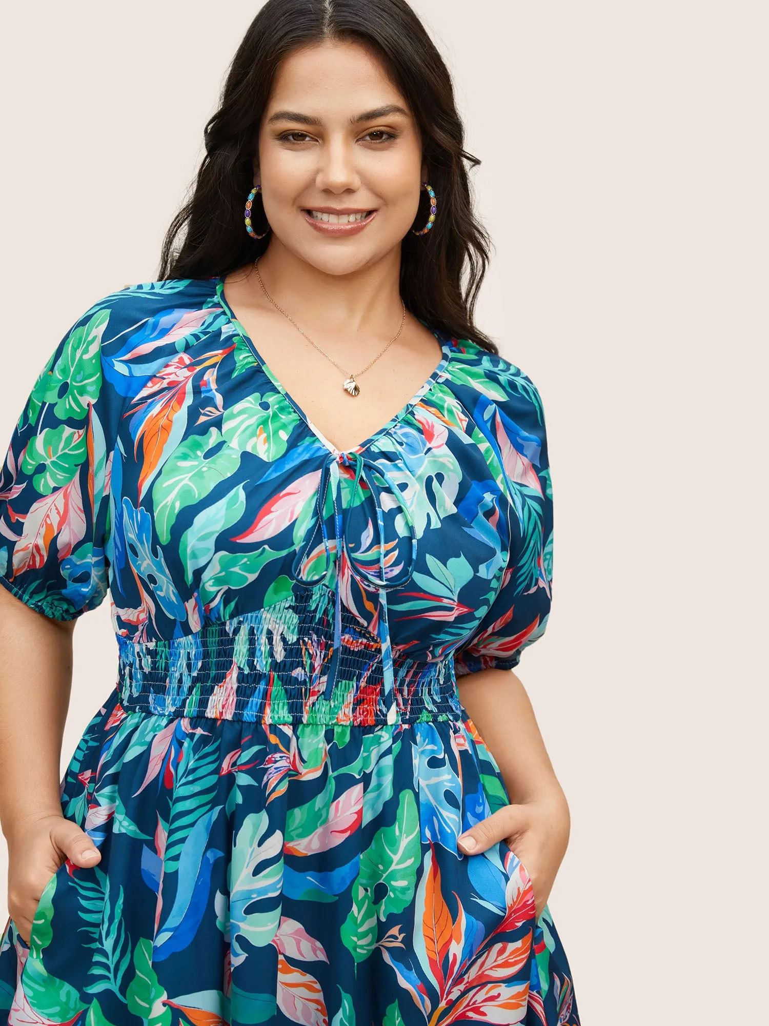 Tropical Leaves V Neck Lantern Sleeve Dress sold by Bloomchic product image thumbnail 2