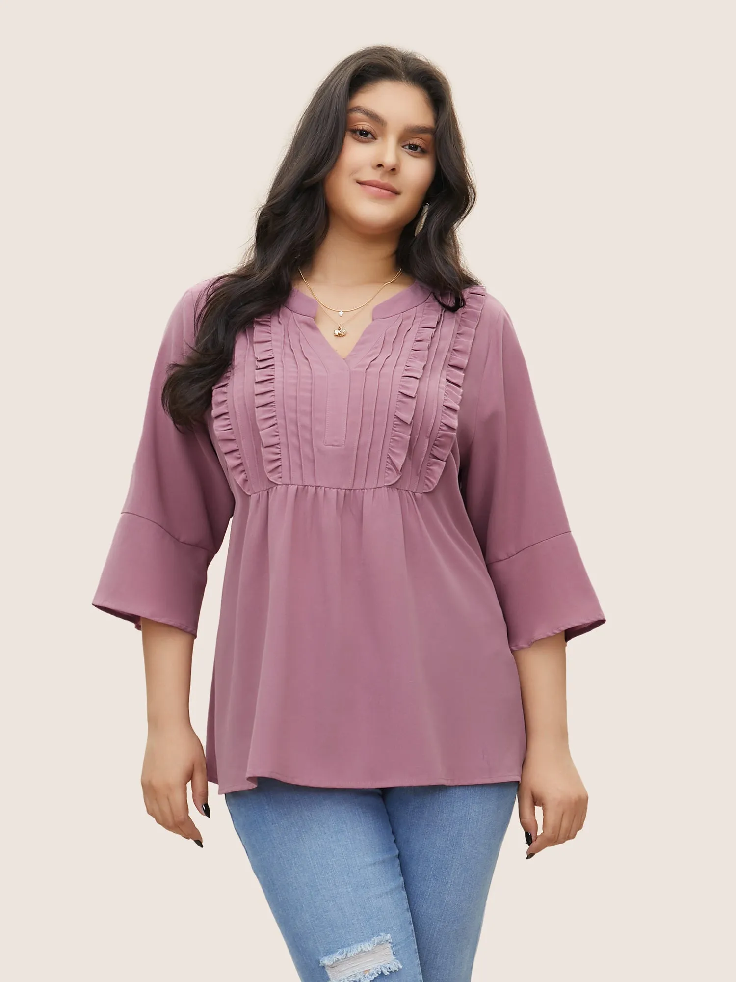 Solid Notched Ruffles Pleated Blouse sold by Bloomchic product image thumbnail 3