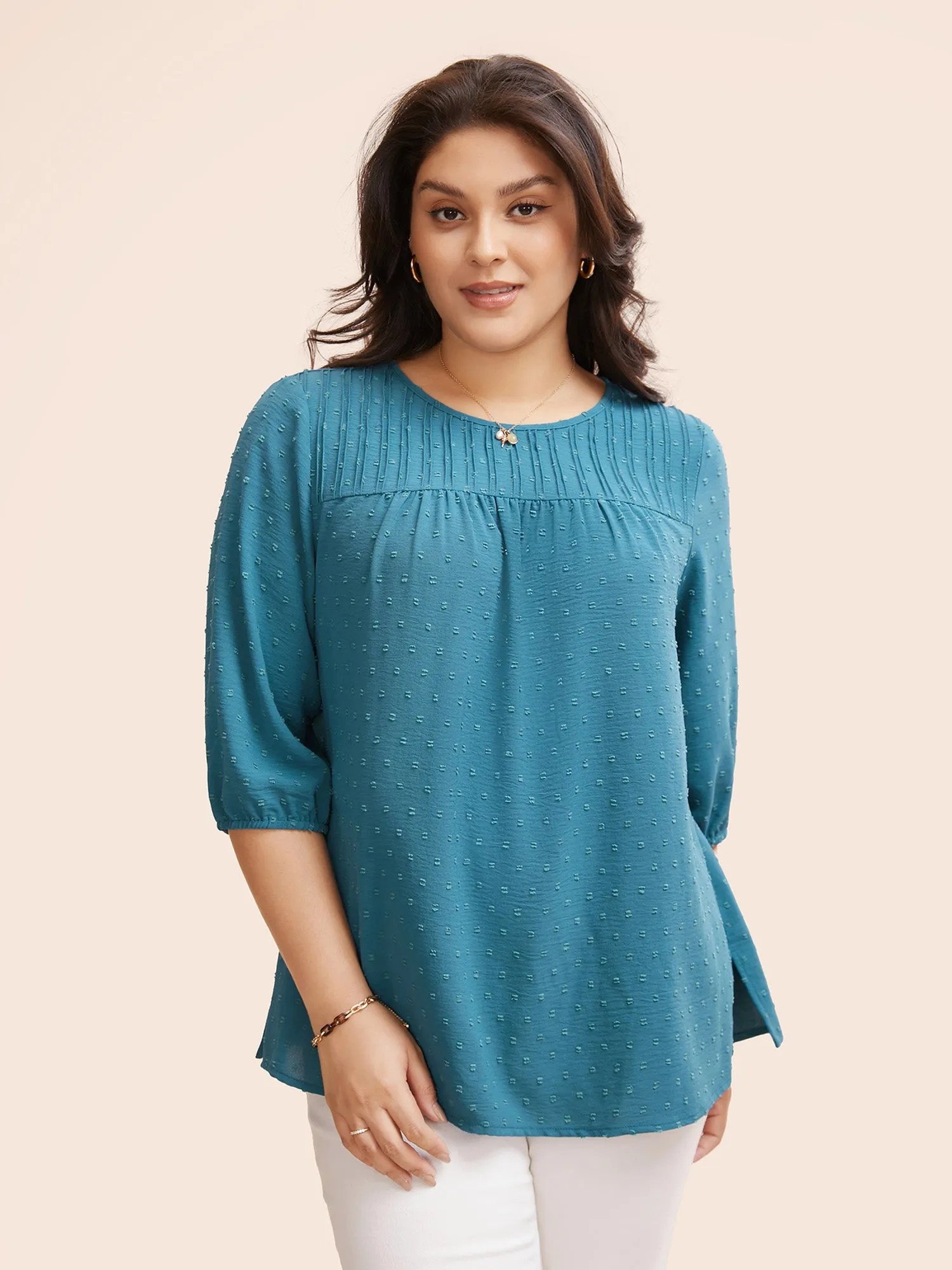 Texture Round Neck Pleated Lantern Sleeve Blouse sold by Bloomchic
