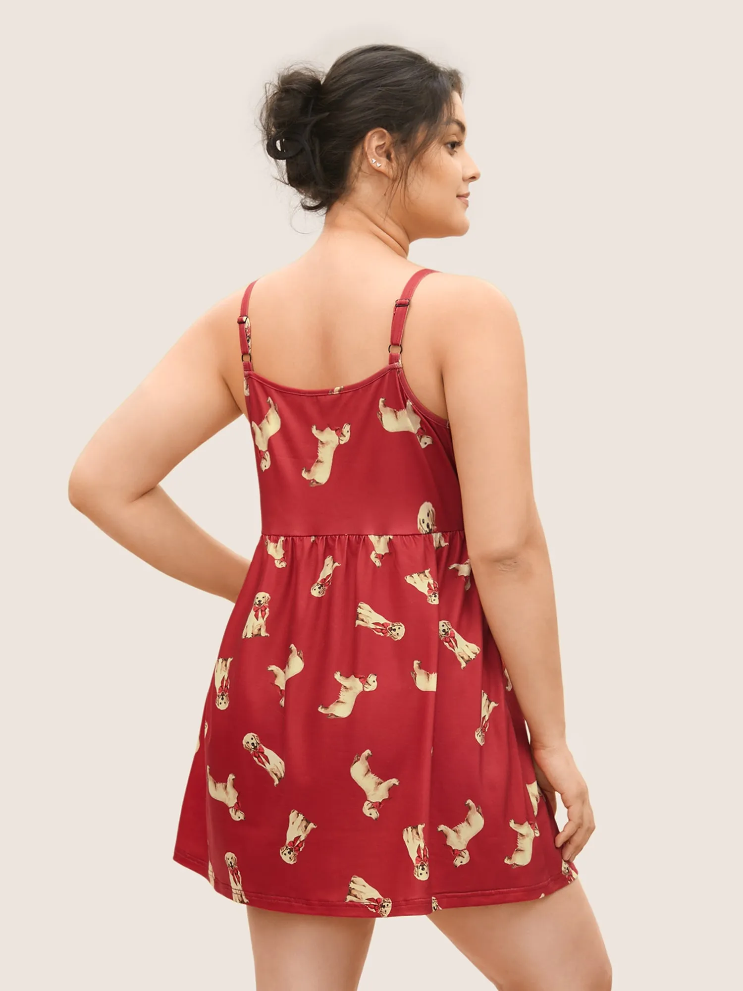 Dog Print Contrast Gathered Adjustable Straps Sleep Dress sold by Bloomchic product image thumbnail 2