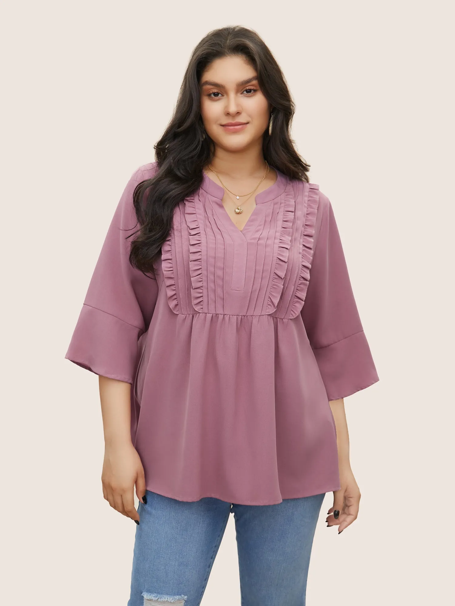 Solid Notched Ruffles Pleated Blouse sold by Bloomchic