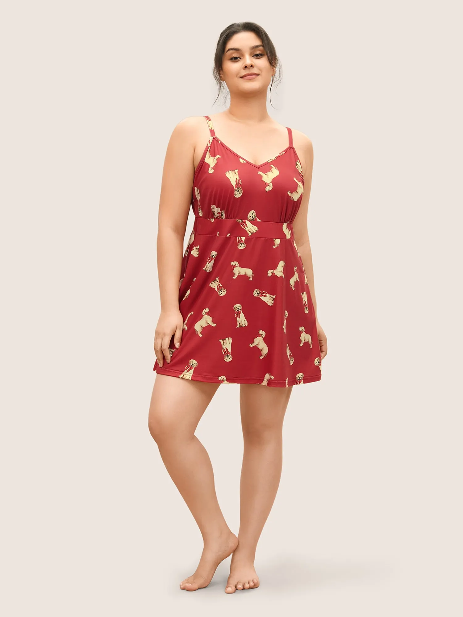 Dog Print Contrast Gathered Adjustable Straps Sleep Dress sold by Bloomchic product image thumbnail 3