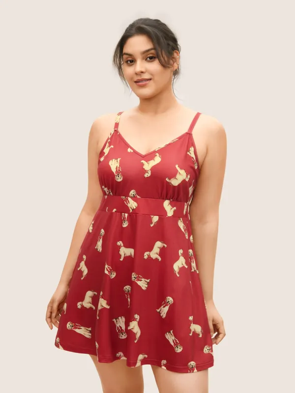 Dog Print Contrast Gathered Adjustable Straps Sleep Dress sold by Bloomchic