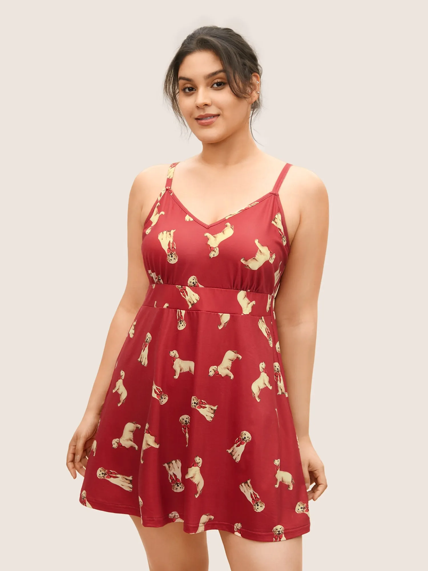 Dog Print Contrast Gathered Adjustable Straps Sleep Dress sold by Bloomchic