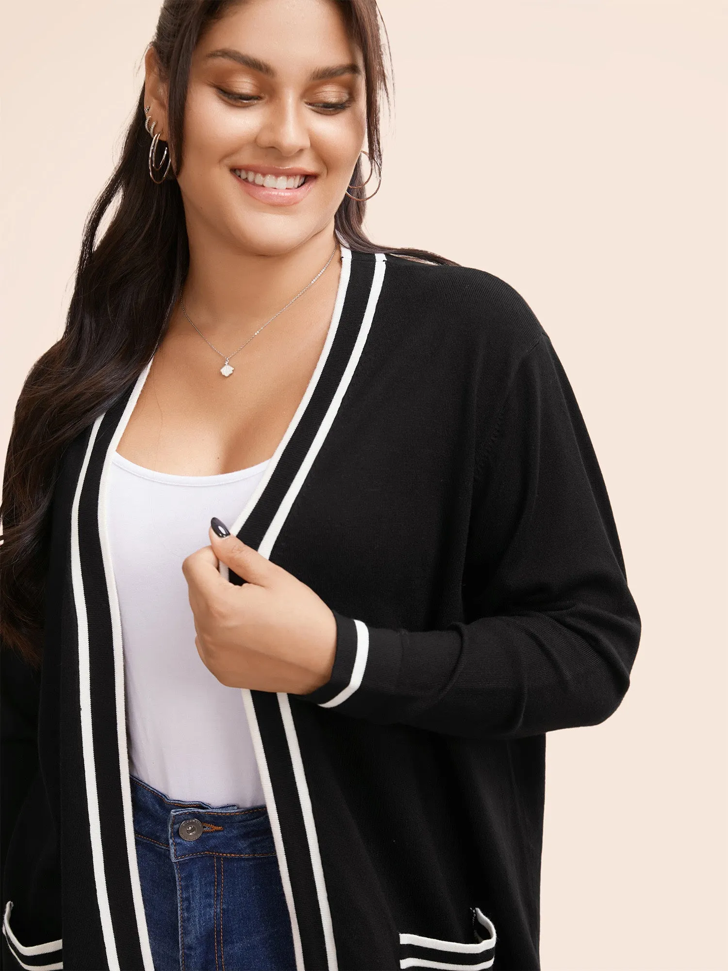 Supersoft Essentials Striped Patchwork Pocket Open Front Cardigan sold by Bloomchic product image thumbnail 3