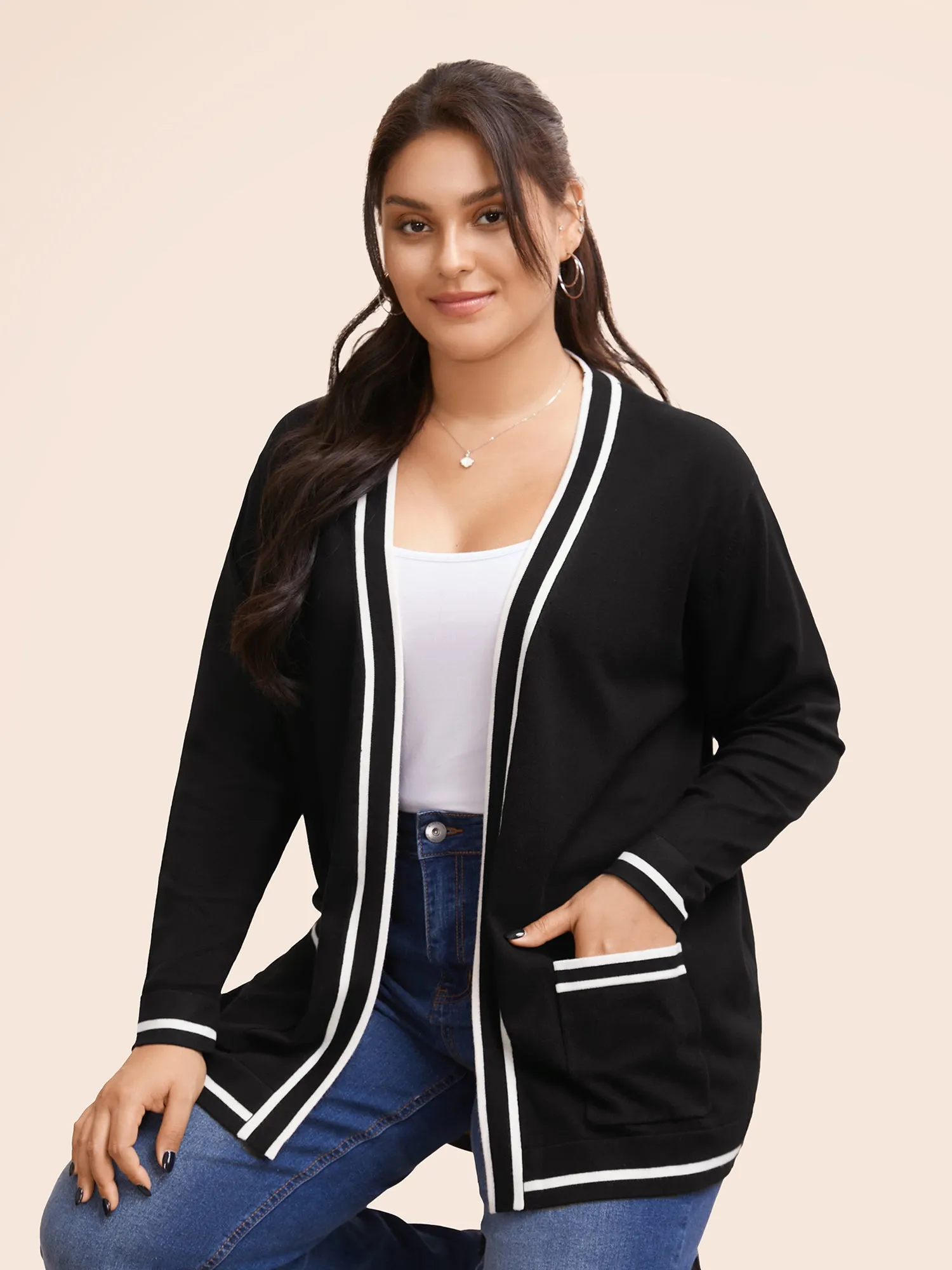 Supersoft Essentials Striped Patchwork Pocket Open Front Cardigan sold by Bloomchic