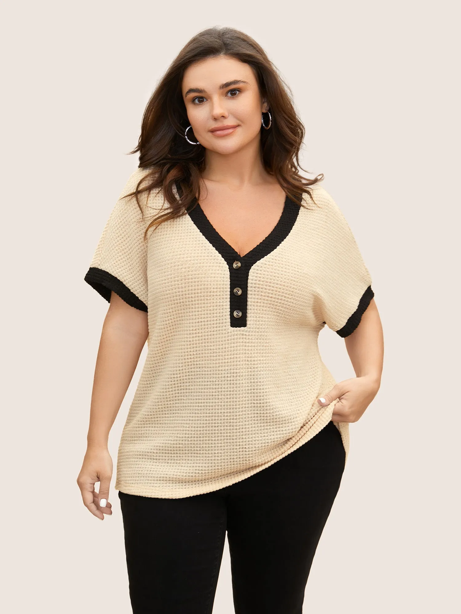 V Neck Contrast Button Detail Knit T-shirt sold by Bloomchic