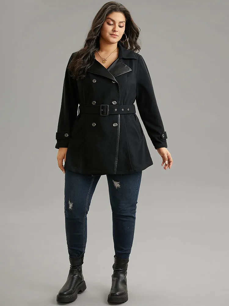 PU Leather Patchwork Lapel Collar Double Breasted Belted Coat sold by Bloomchic product image thumbnail 3